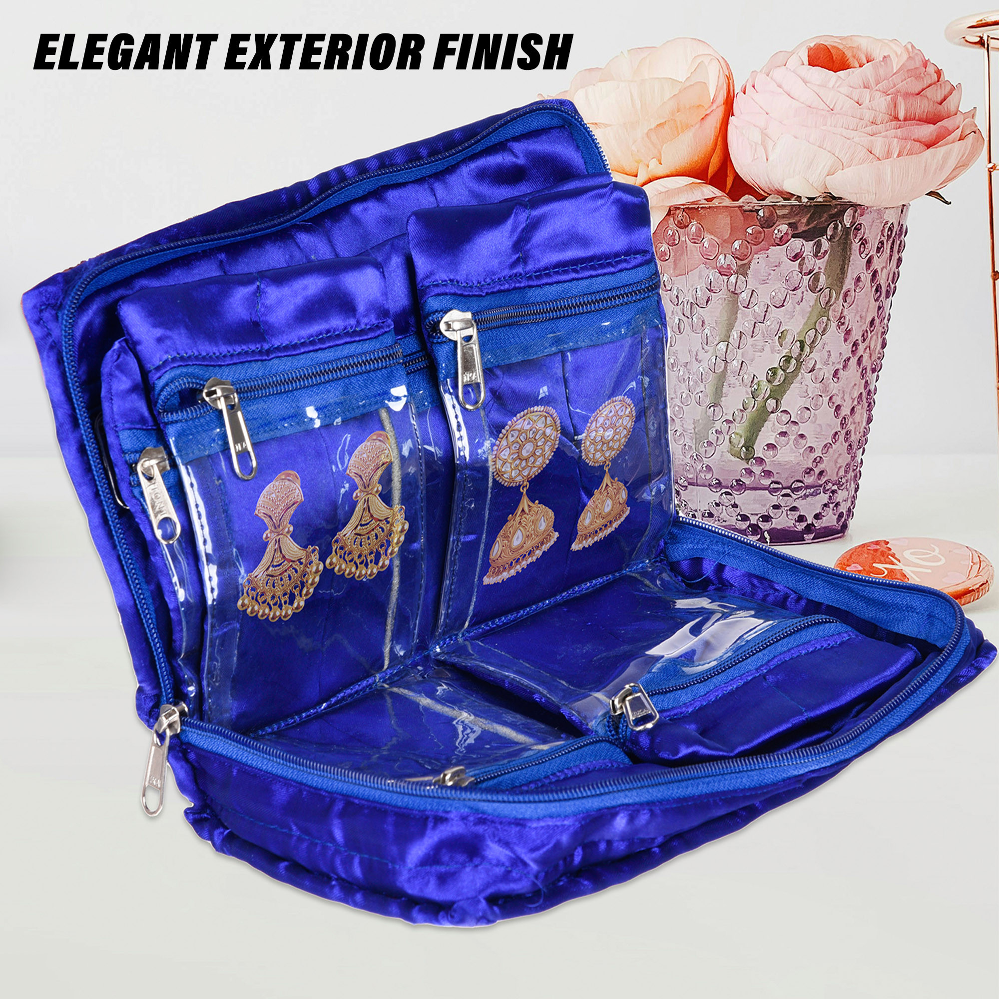 Kuber Industries Makeup Storage Bag  Vanity Organizer  Makeup Pouch  Pendant Organizer  Cosmetic Kit for Travel  6 Pouch Organizer  Moti Jewellery Organizer  Large  Blue