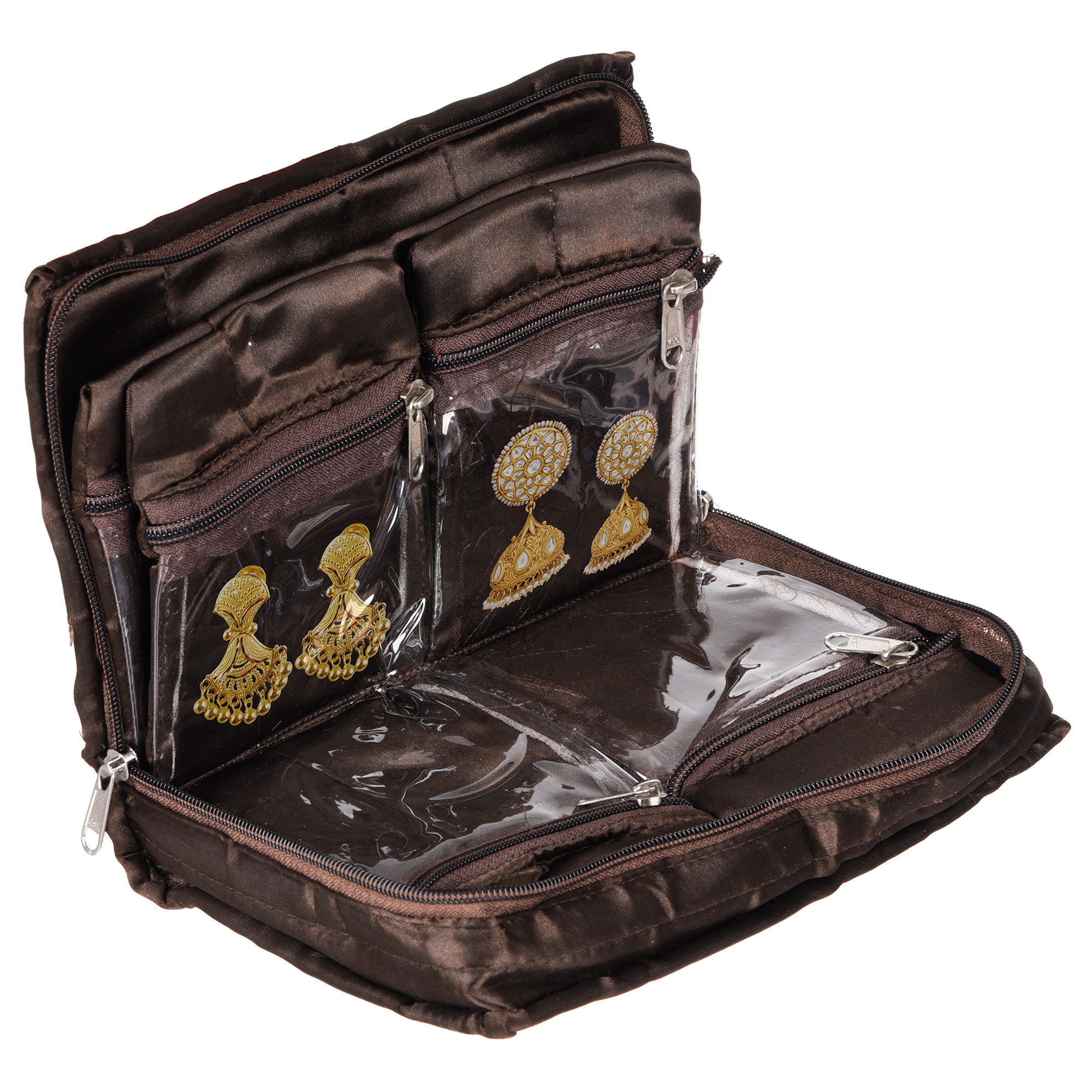 Kuber Industries Makeup Storage Bag  Vanity Organizer  Makeup Pouch  Pendant Organizer  Cosmetic Kit for Travel  6 Pouch Organizer  Moti Jewellery Organizer  Large  Brown