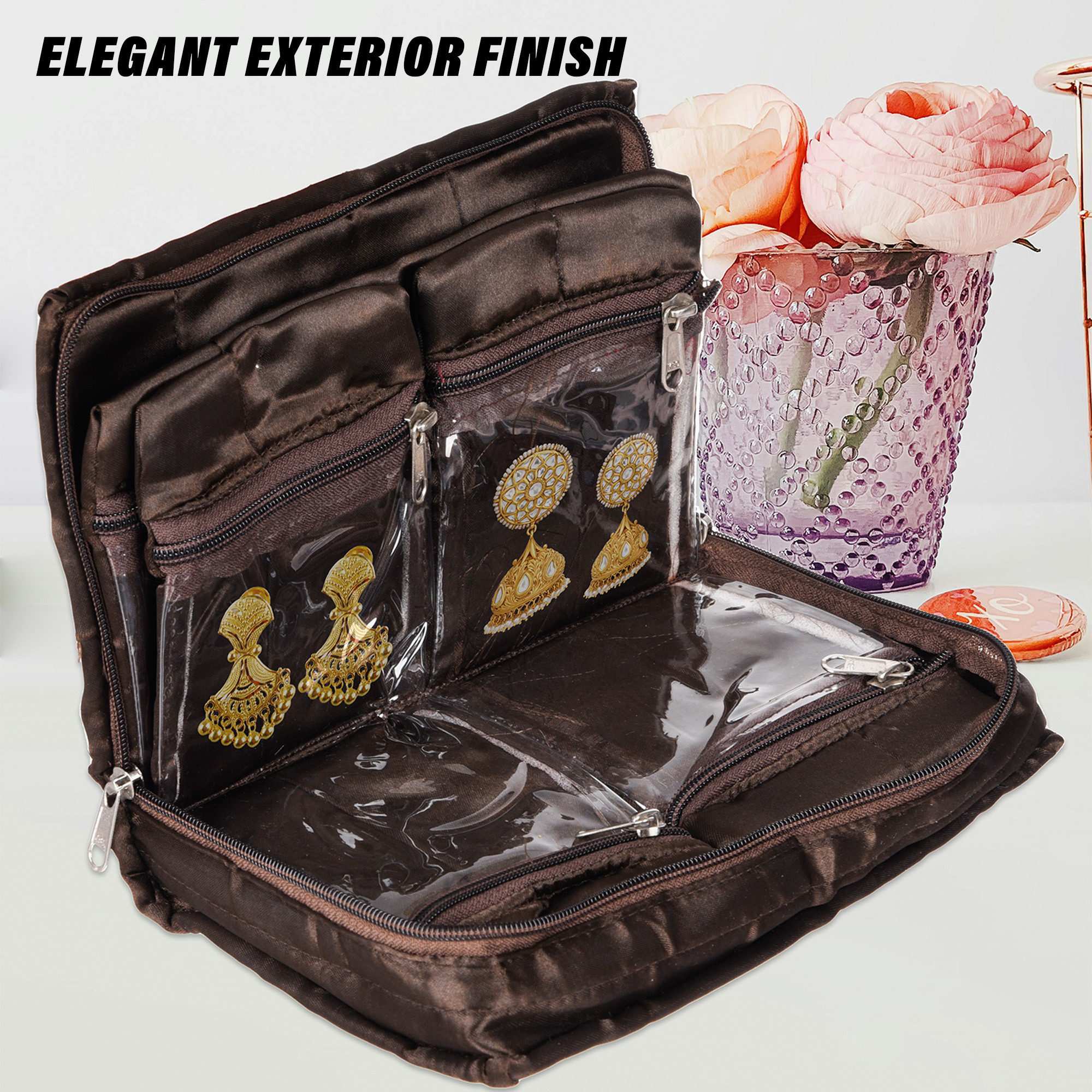 Kuber Industries Makeup Storage Bag  Vanity Organizer  Makeup Pouch  Pendant Organizer  Cosmetic Kit for Travel  6 Pouch Organizer  Moti Jewellery Organizer  Large  Brown