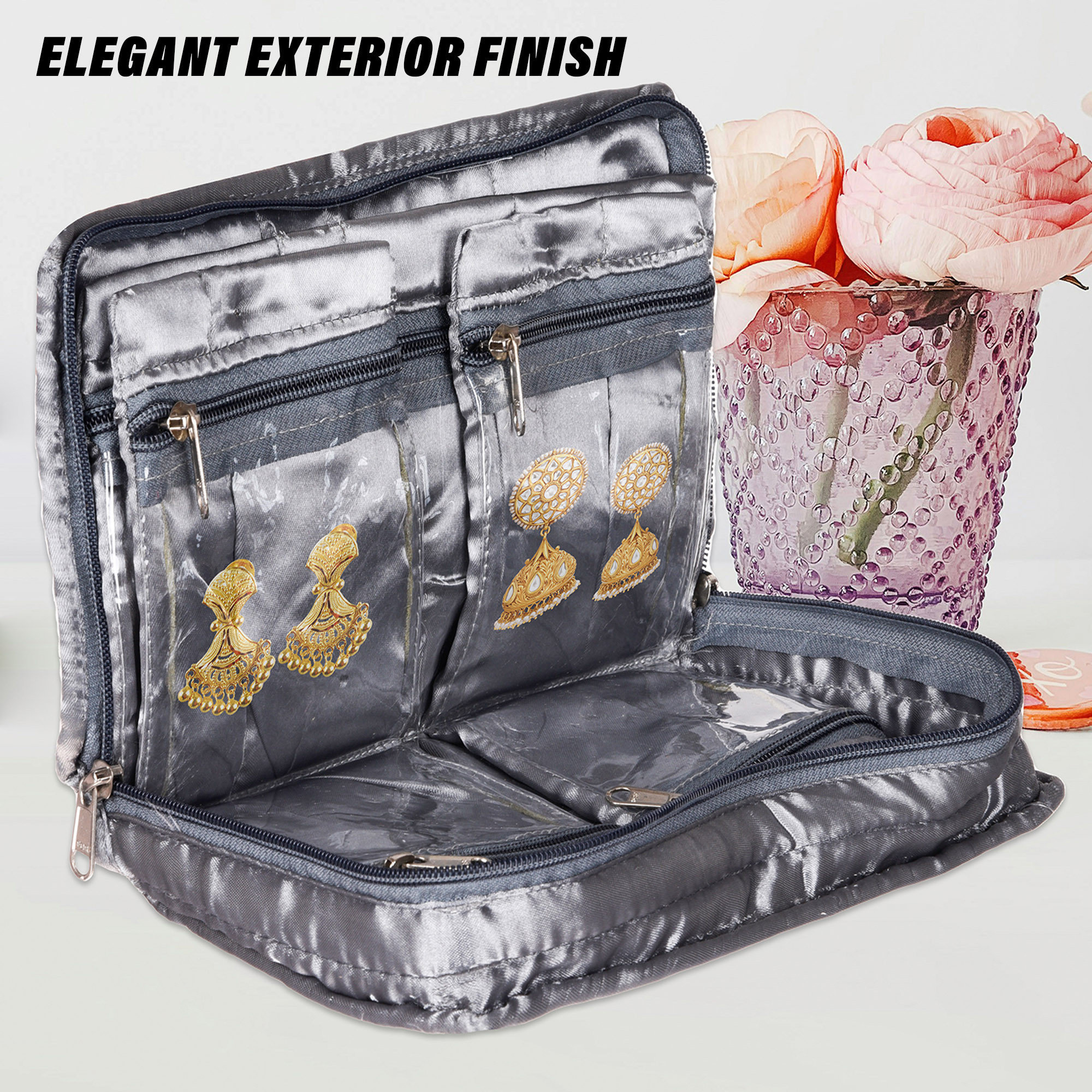 Kuber Industries Makeup Storage Bag  Vanity Organizer  Makeup Pouch  Pendant Organizer  Cosmetic Kit for Travel  6 Pouch Organizer  Moti Jewellery Organizer  Large  Gray