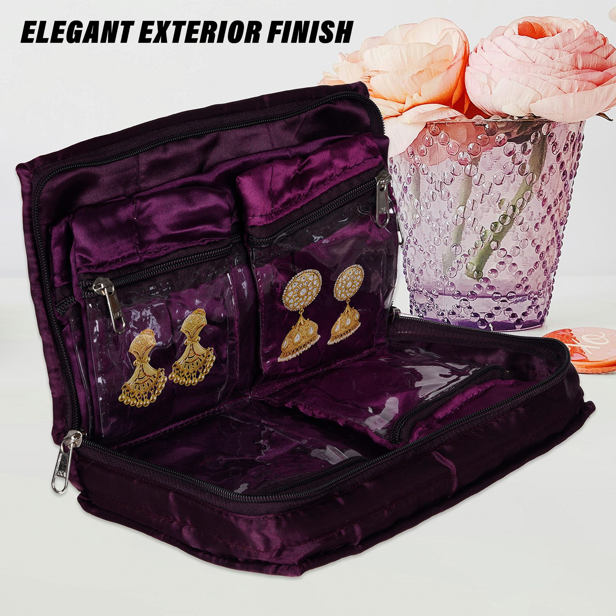 Kuber Industries Makeup Storage Bag  Vanity Organizer  Makeup Pouch  Pendant Organizer  Cosmetic Kit for Travel  6 Pouch Organizer  Moti Jewellery Organizer  Large  Purple