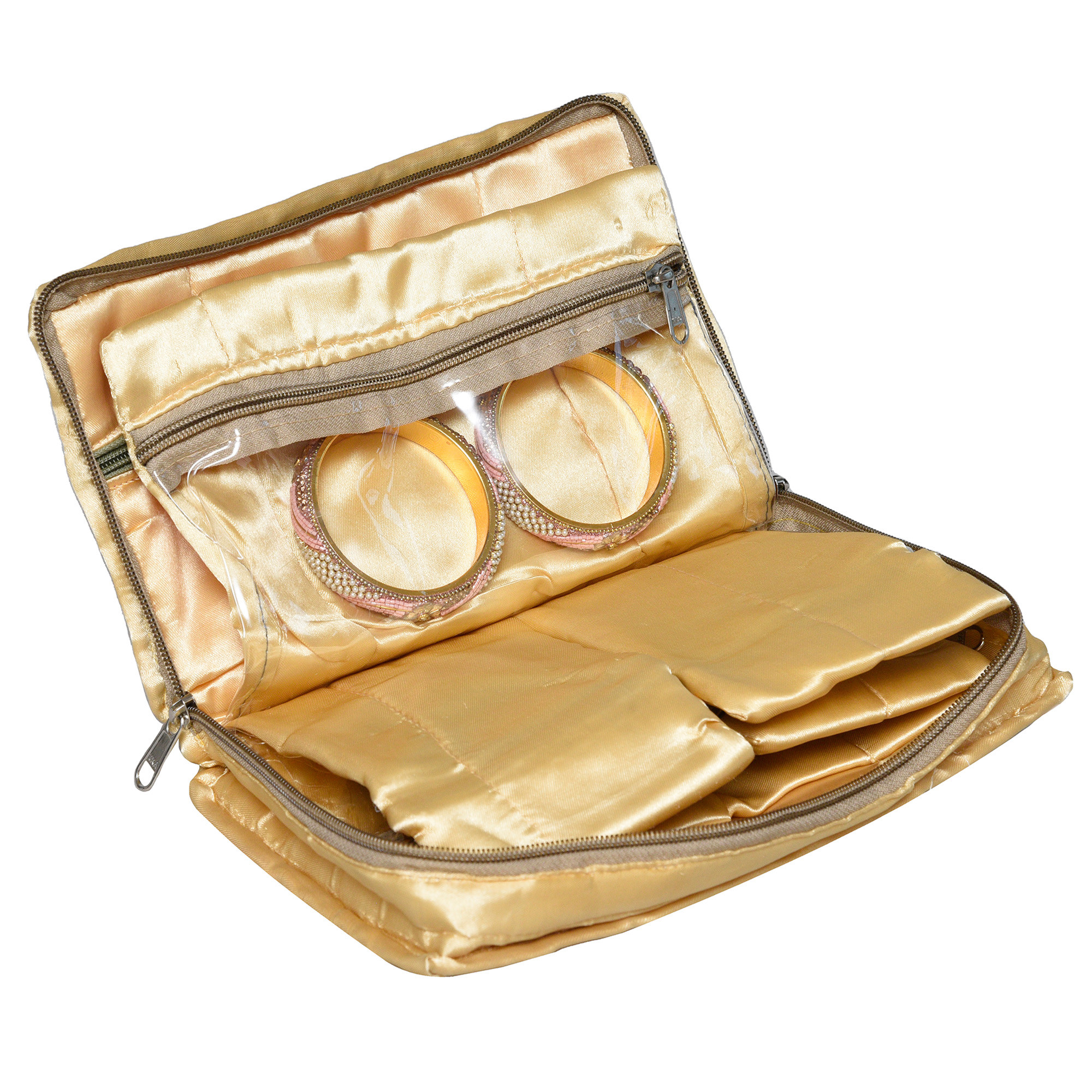 Kuber Industries Makeup Storage Bag  Vanity Organizer  Makeup Pouch  Pendant Organizer  Cosmetic Kit for Travel  6 Pouch Organizer  Moti Jewellery Organizer  Large  Golden