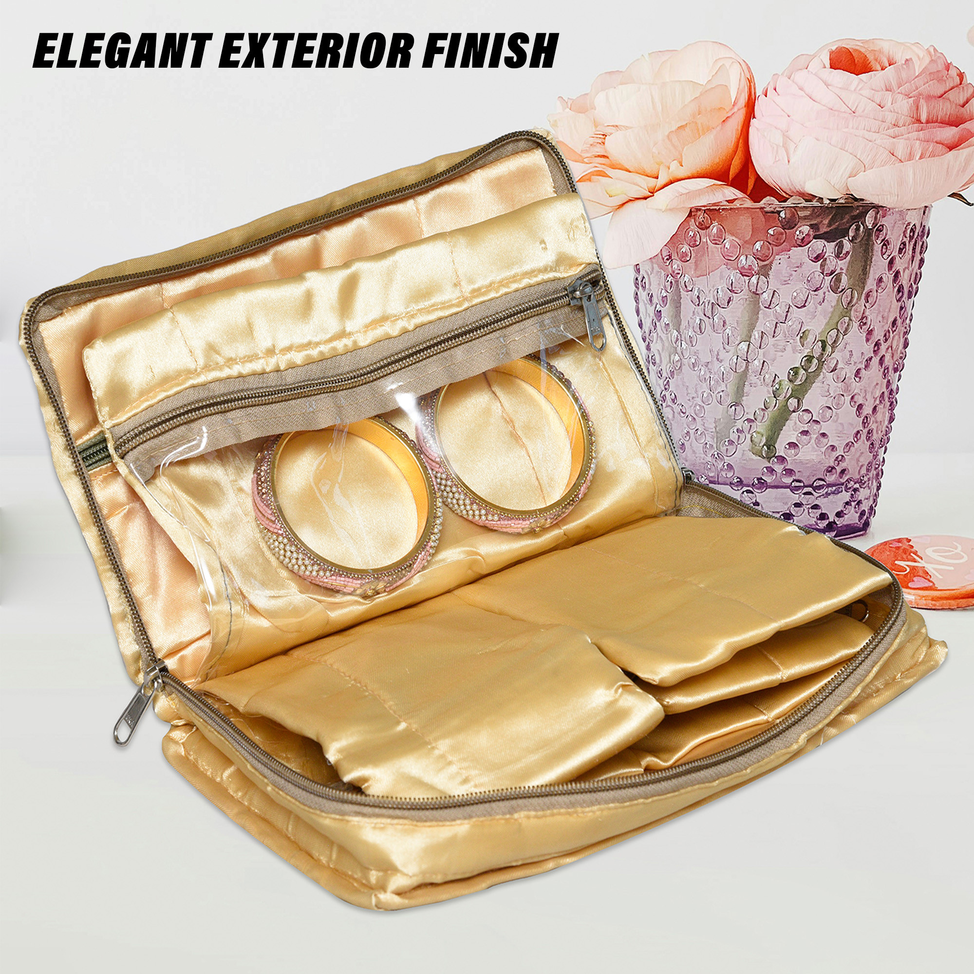 Kuber Industries Makeup Storage Bag  Vanity Organizer  Makeup Pouch  Pendant Organizer  Cosmetic Kit for Travel  6 Pouch Organizer  Moti Jewellery Organizer  Large  Golden