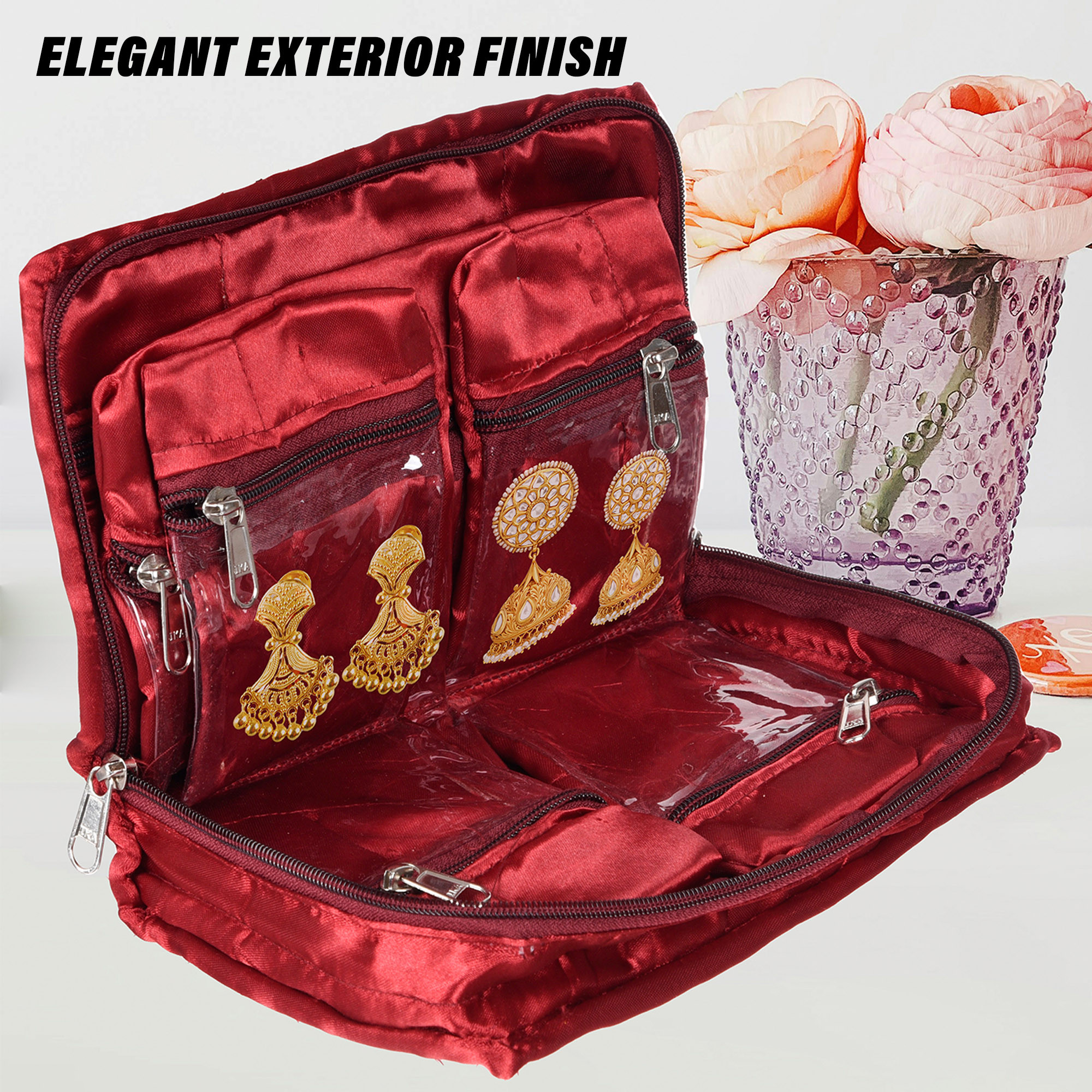 Kuber Industries Makeup Storage Bag  Vanity Organizer  Makeup Pouch  Pendant Organizer  Cosmetic Kit for Travel  6 Pouch Organizer  Moti Jewellery Organizer  Large  Maroon