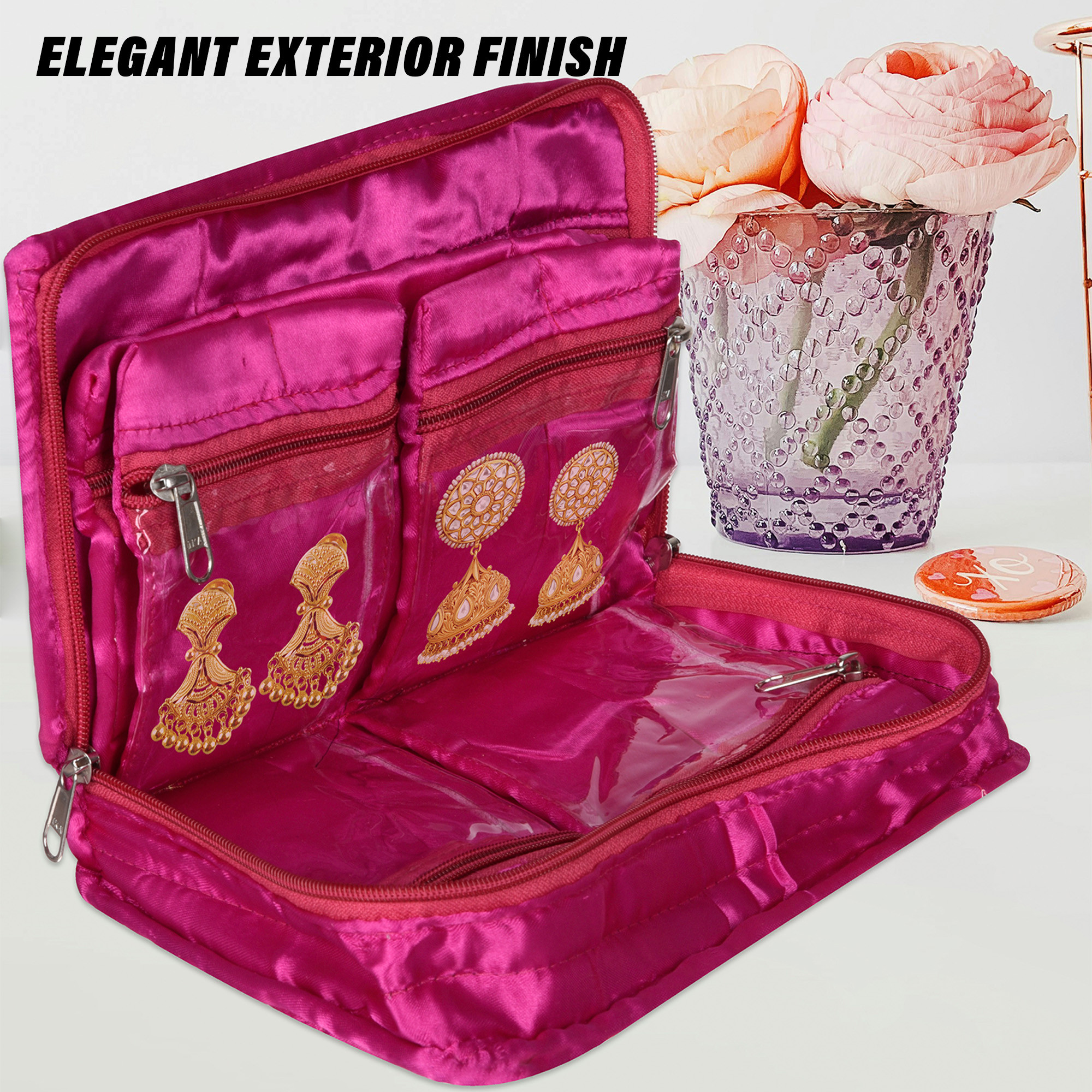 Kuber Industries Makeup Storage Bag  Vanity Organizer  Makeup Pouch  Pendant Organizer  Cosmetic Kit for Travel  6 Pouch Organizer  Moti Jewellery Organizer  Large  Pink