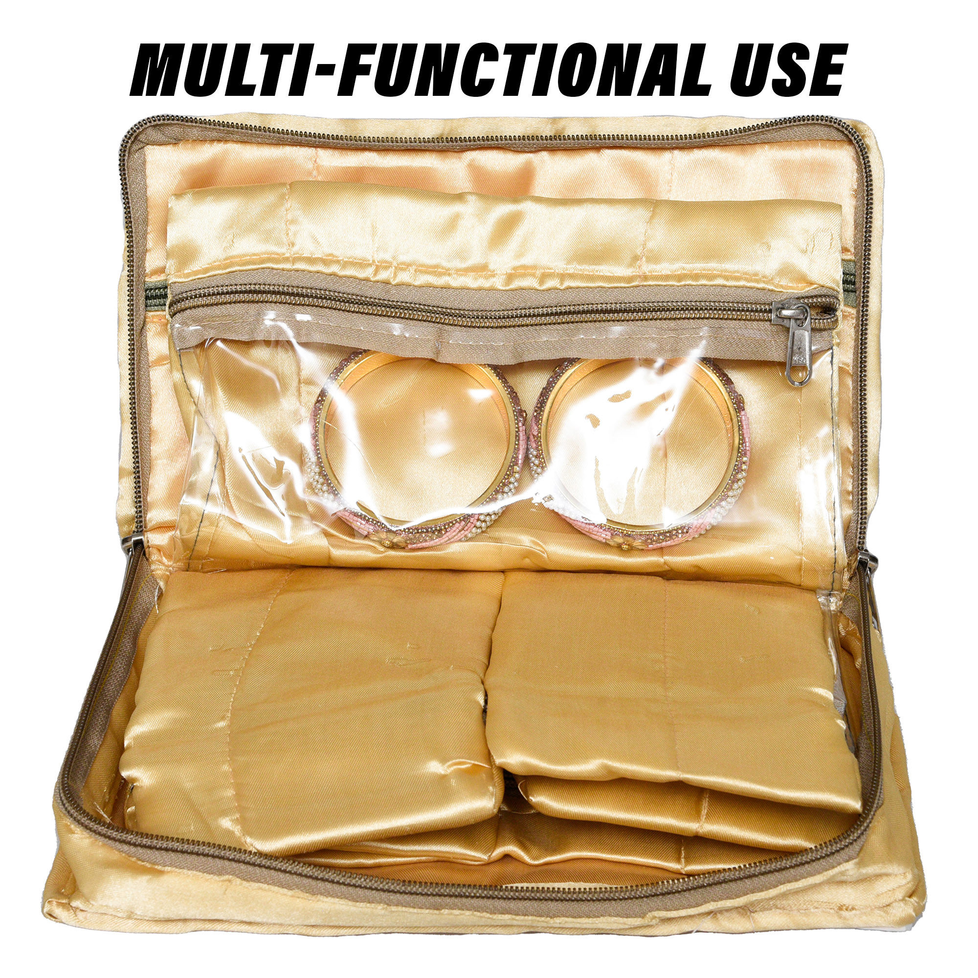 Kuber Industries Makeup Storage Bag | Vanity Organizer | Makeup Pouch | Pendant Organizer | Cosmetic Kit for Travel | 6 Pouch Organizer | Moti Jewellery Organizer | Large | Golden