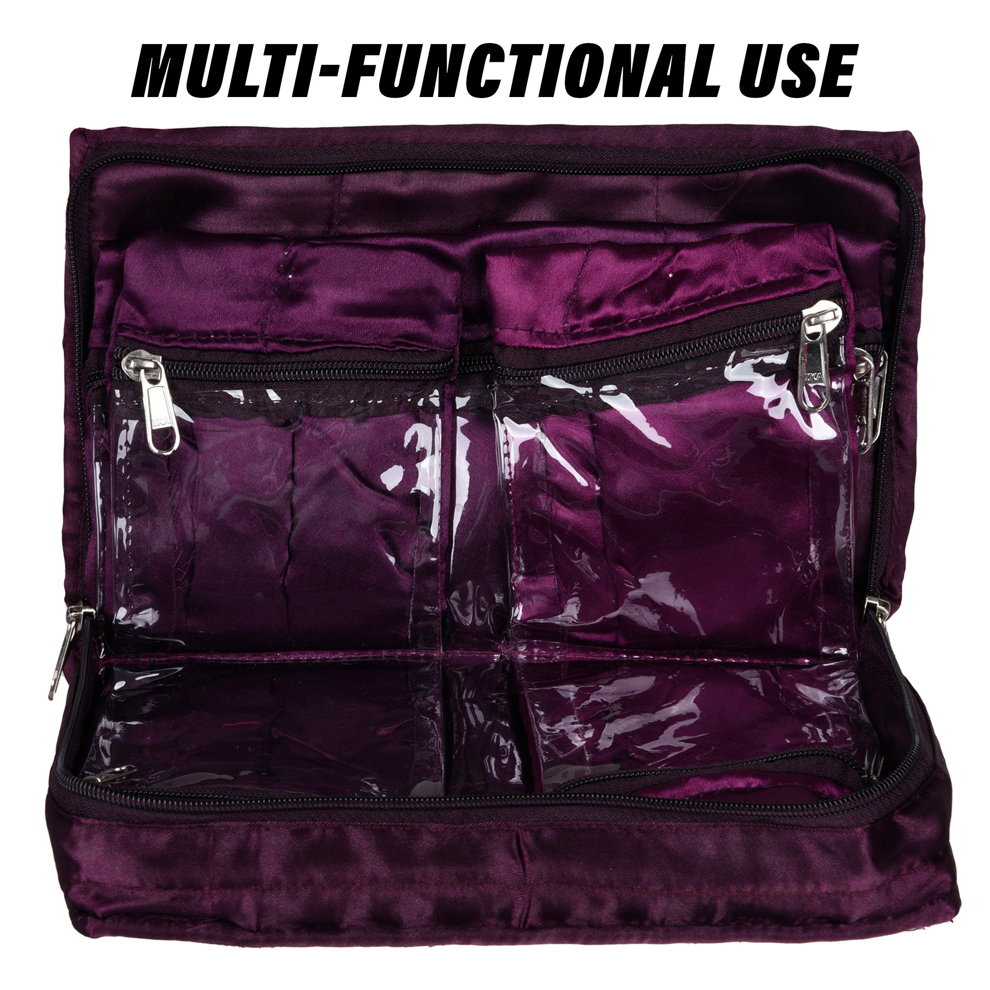Kuber Industries Makeup Storage Bag | Vanity Organizer | Makeup Pouch | Pendant Organizer | Cosmetic Kit for Travel | 6 Pouch Organizer | Moti Jewellery Organizer | Large | Purple