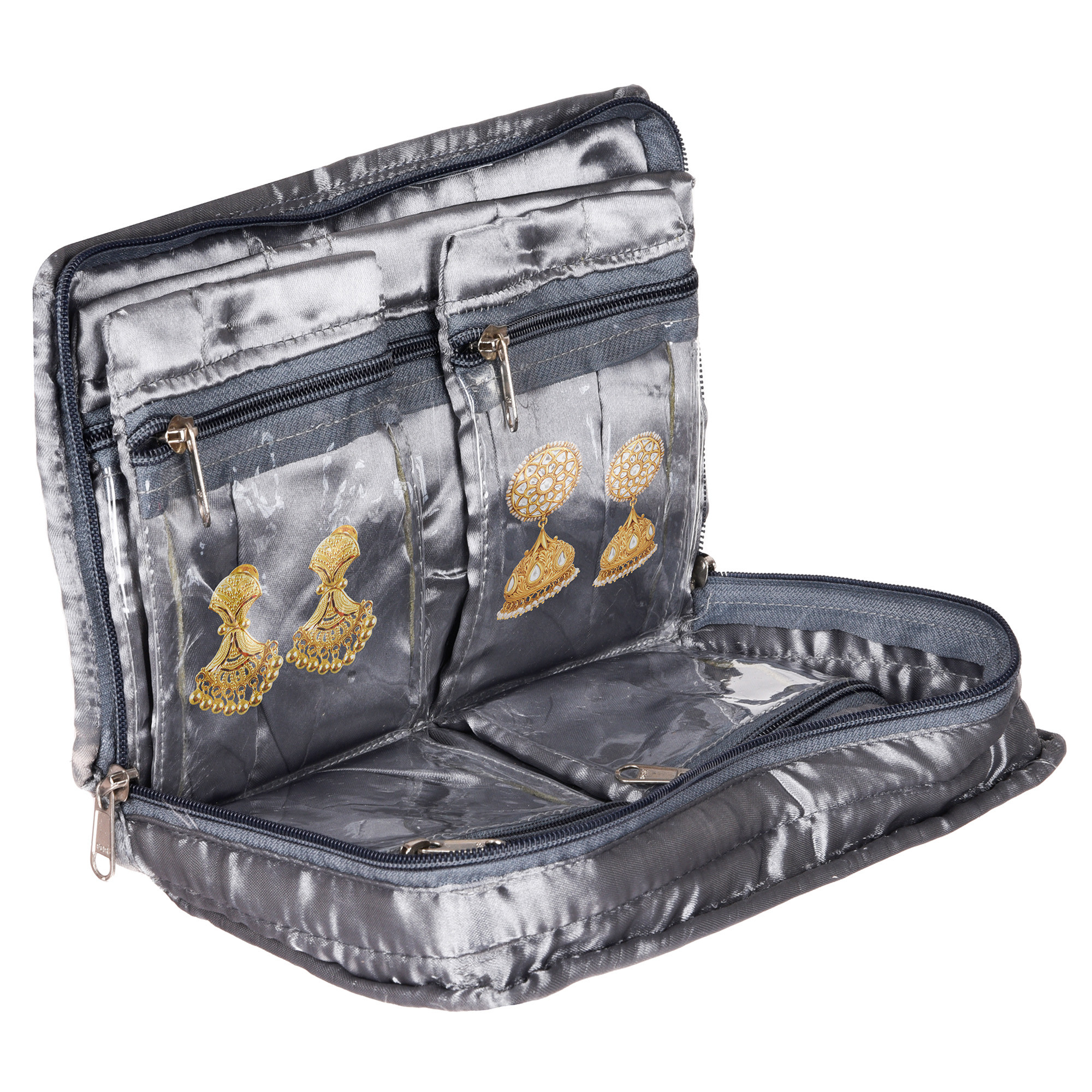 Kuber Industries Makeup Storage Bag | Vanity Organizer | Makeup Pouch | Pendant Organizer | Cosmetic Kit for Travel | 6 Pouch Organizer | Moti Jewellery Organizer | Large | Gray