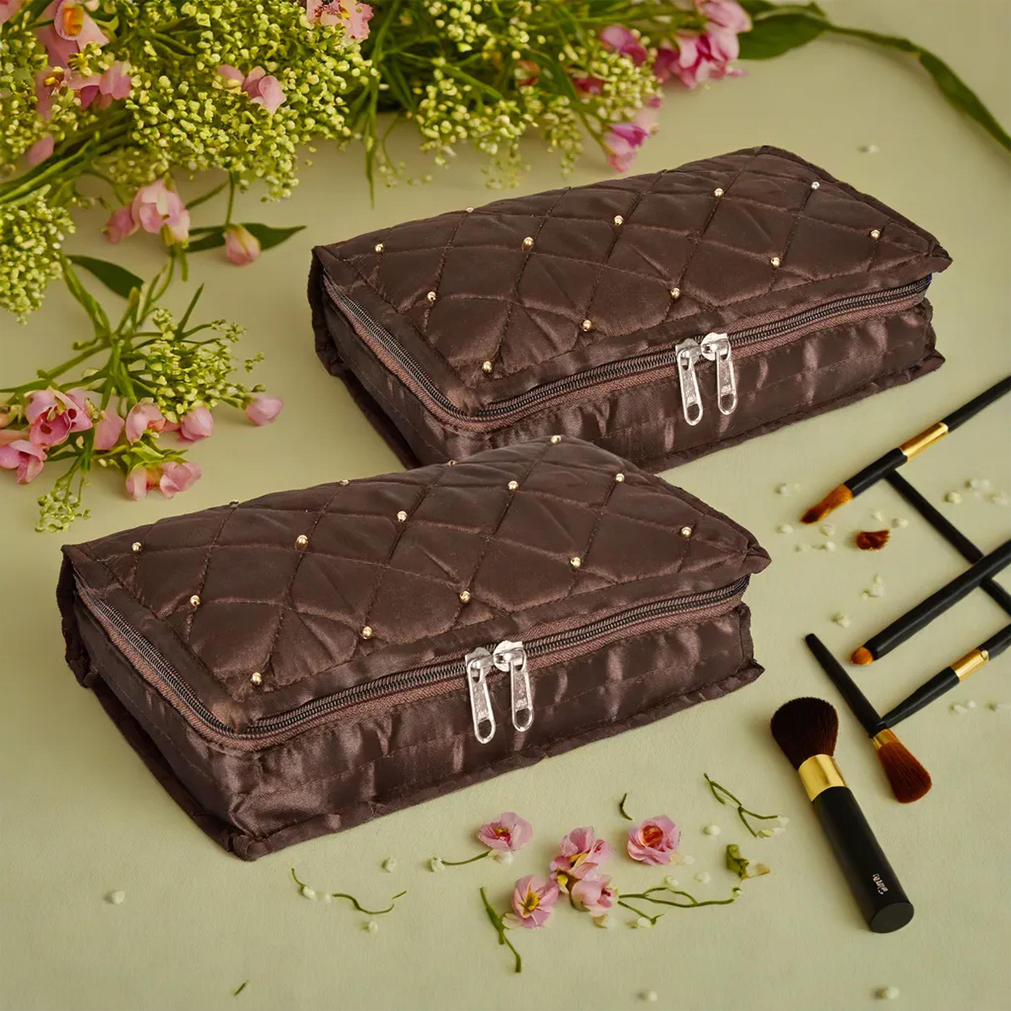 Kuber Industries Makeup Storage Bag | Vanity Organizer | Makeup Pouch | Pendant Organizer | Cosmetic Kit for Travel | 6 Pouch Organizer | Moti Jewellery Organizer | Large | Brown