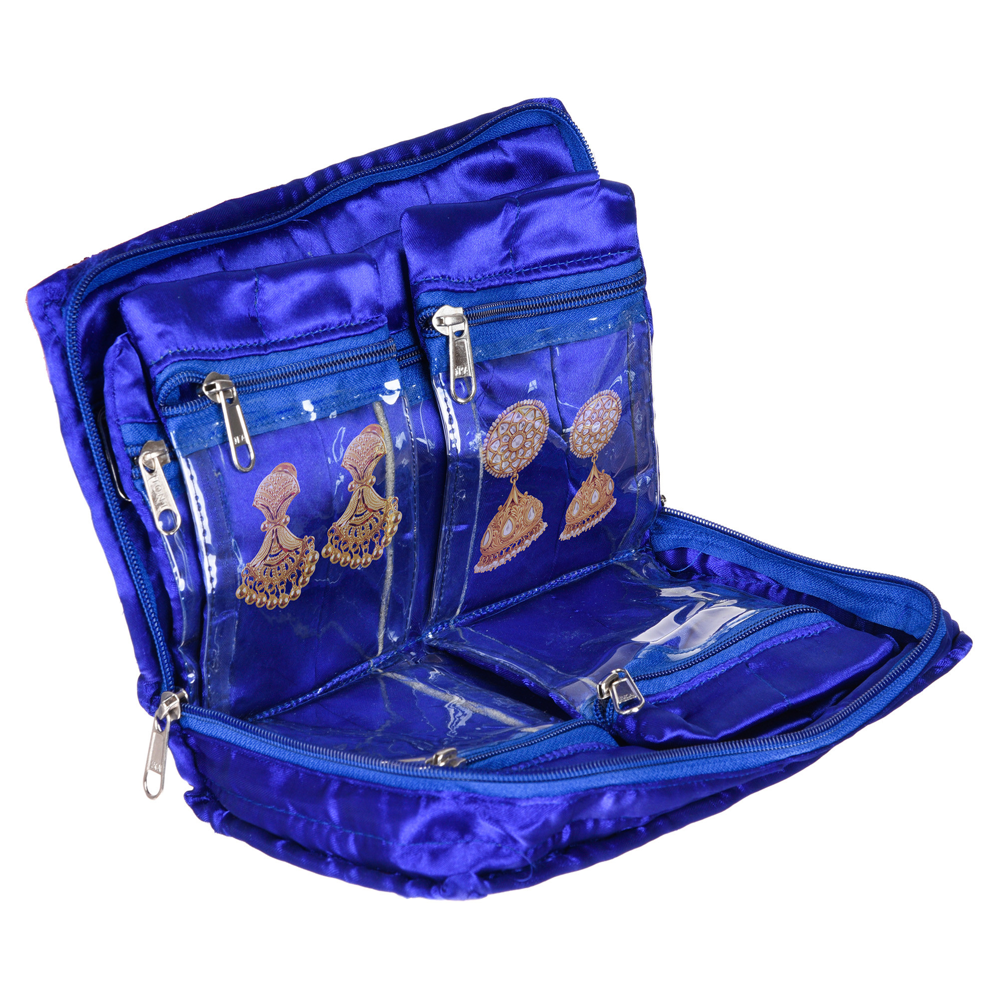 Kuber Industries Makeup Storage Bag | Vanity Organizer | Makeup Pouch | Pendant Organizer | Cosmetic Kit for Travel | 6 Pouch Organizer | Moti Jewellery Organizer | Large | Blue