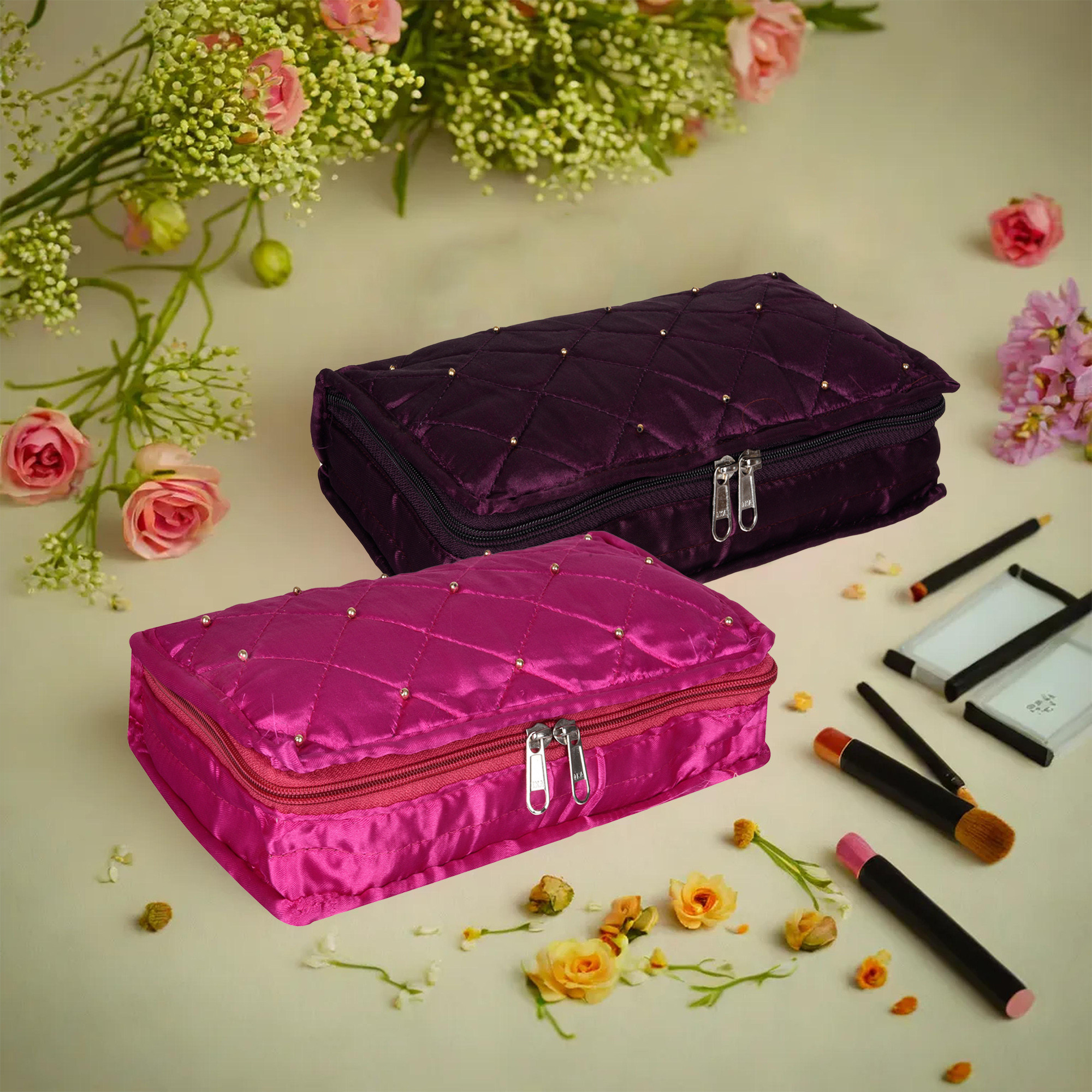 Kuber Industries Makeup Storage Bag | Vanity Organizer | Makeup Pouch | Pendant Organizer | Cosmetic Kit for Travel | 6 Pouch Organizer | Moti Jewellery Organizer | Large | Pack of 2 | Multi