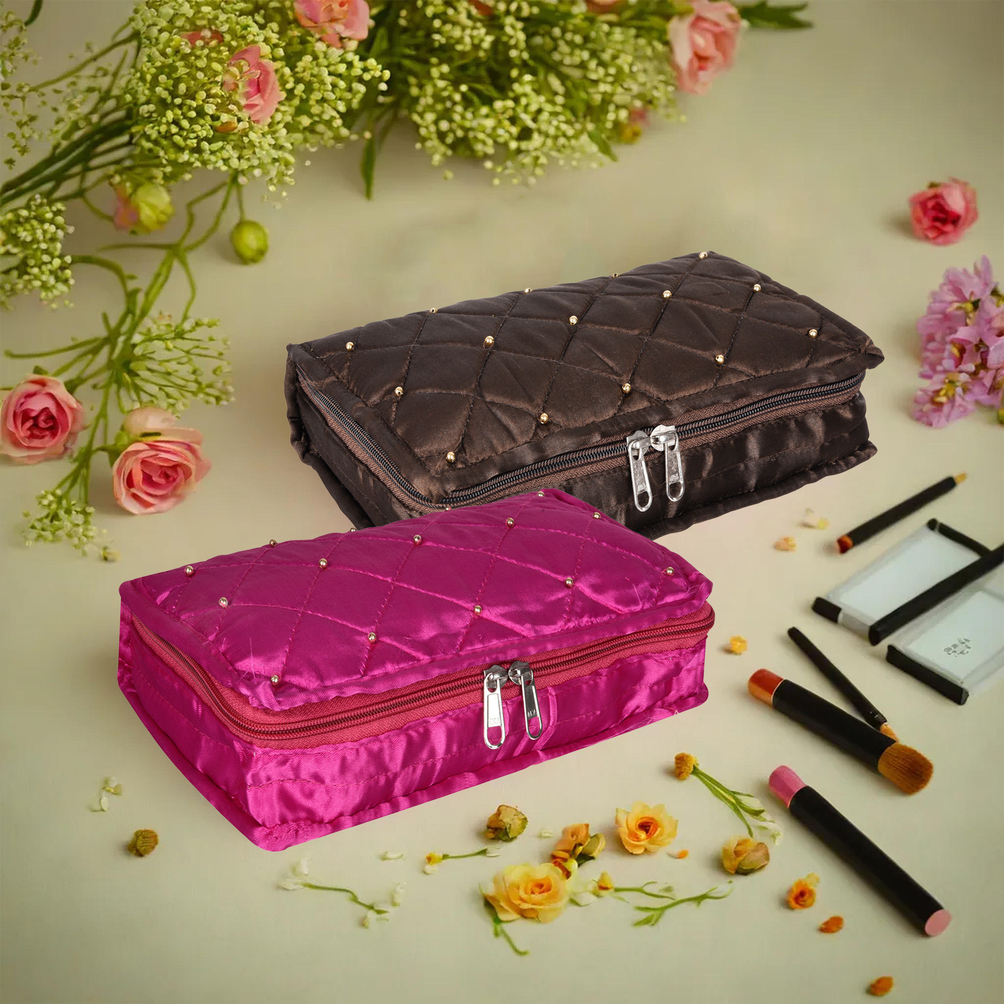 Kuber Industries Makeup Storage Bag | Vanity Organizer | Makeup Pouch | Pendant Organizer | Cosmetic Kit for Travel | 6 Pouch Organizer | Moti Jewellery Organizer | Large | Pack of 2 | Multi