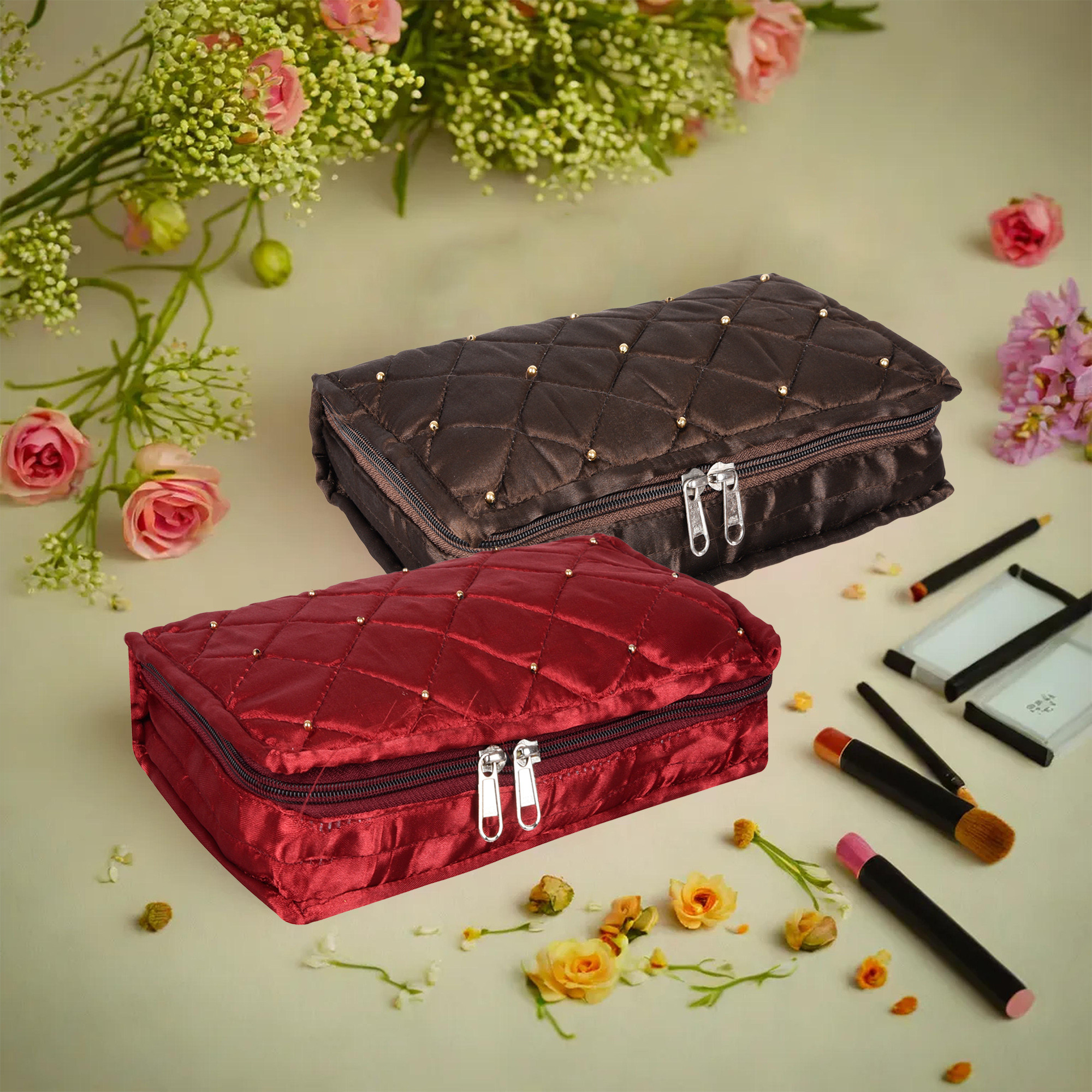 Kuber Industries Makeup Storage Bag | Vanity Organizer | Makeup Pouch | Pendant Organizer | Cosmetic Kit for Travel | 6 Pouch Organizer | Moti Jewellery Organizer | Large | Pack of 2 | Multi