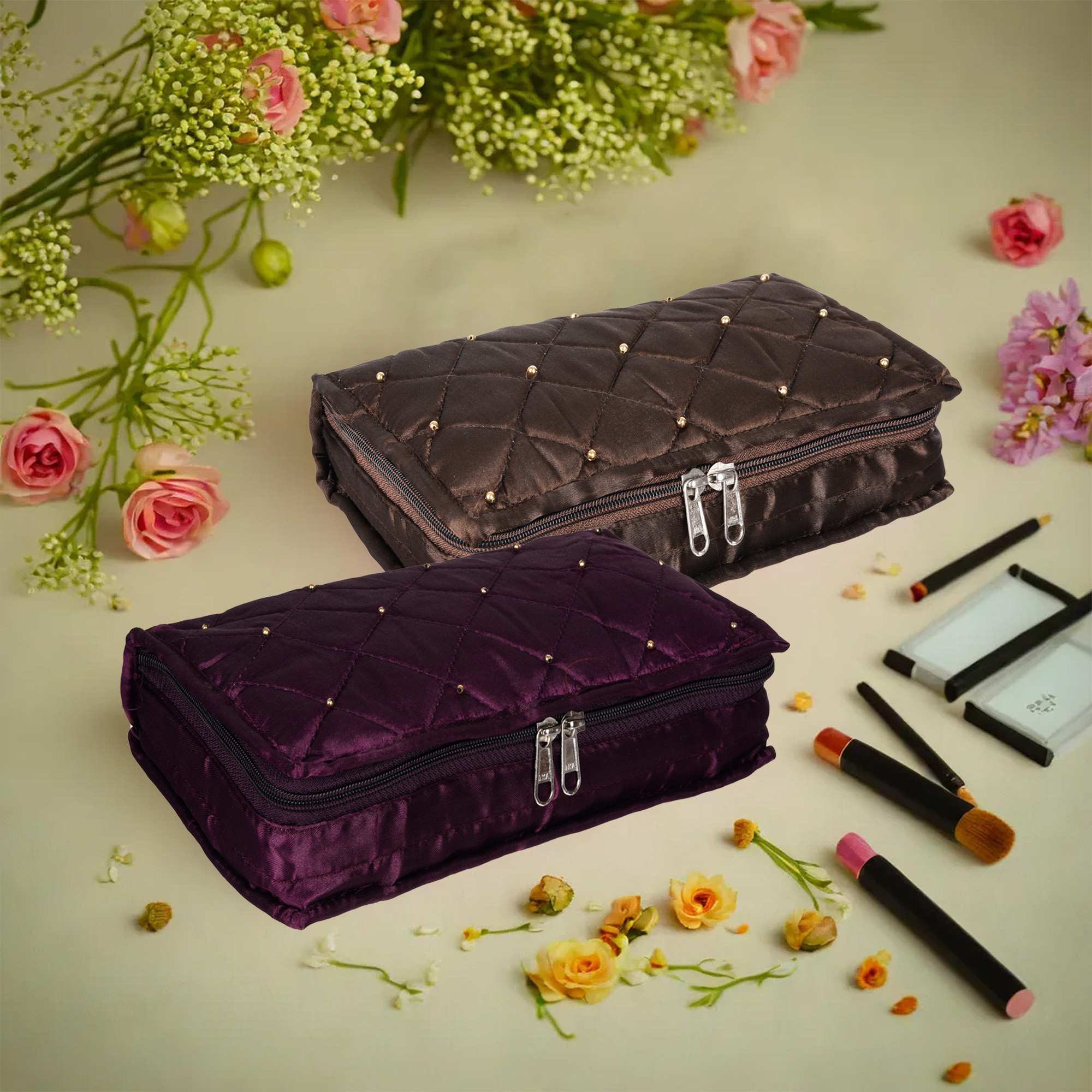Kuber Industries Makeup Storage Bag | Vanity Organizer | Makeup Pouch | Pendant Organizer | Cosmetic Kit for Travel | 6 Pouch Organizer | Moti Jewellery Organizer | Large | Pack of 2 | Multi