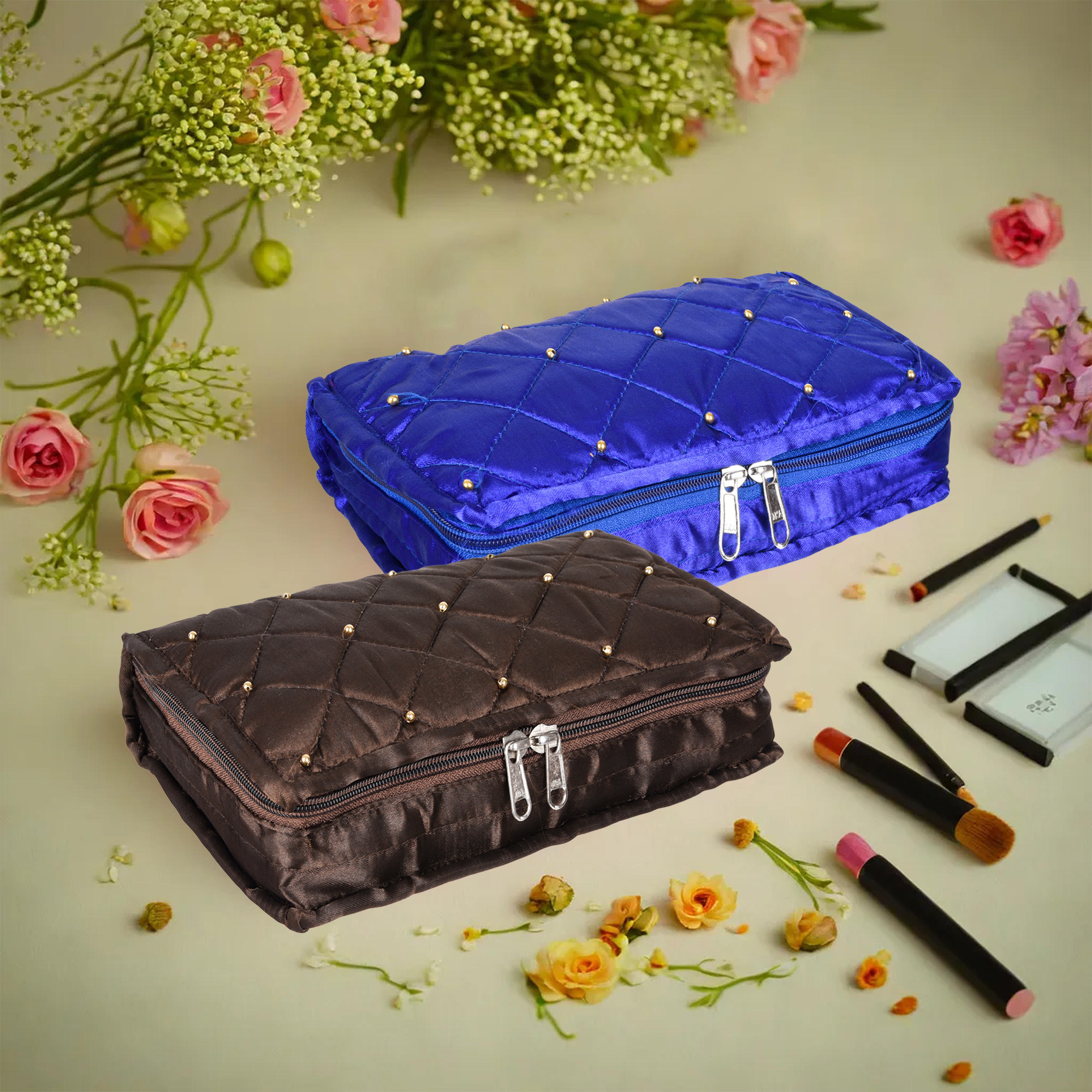 Kuber Industries Makeup Storage Bag | Vanity Organizer | Makeup Pouch | Pendant Organizer | Cosmetic Kit for Travel | 6 Pouch Organizer | Moti Jewellery Organizer | Large | Pack of 2 | Multi