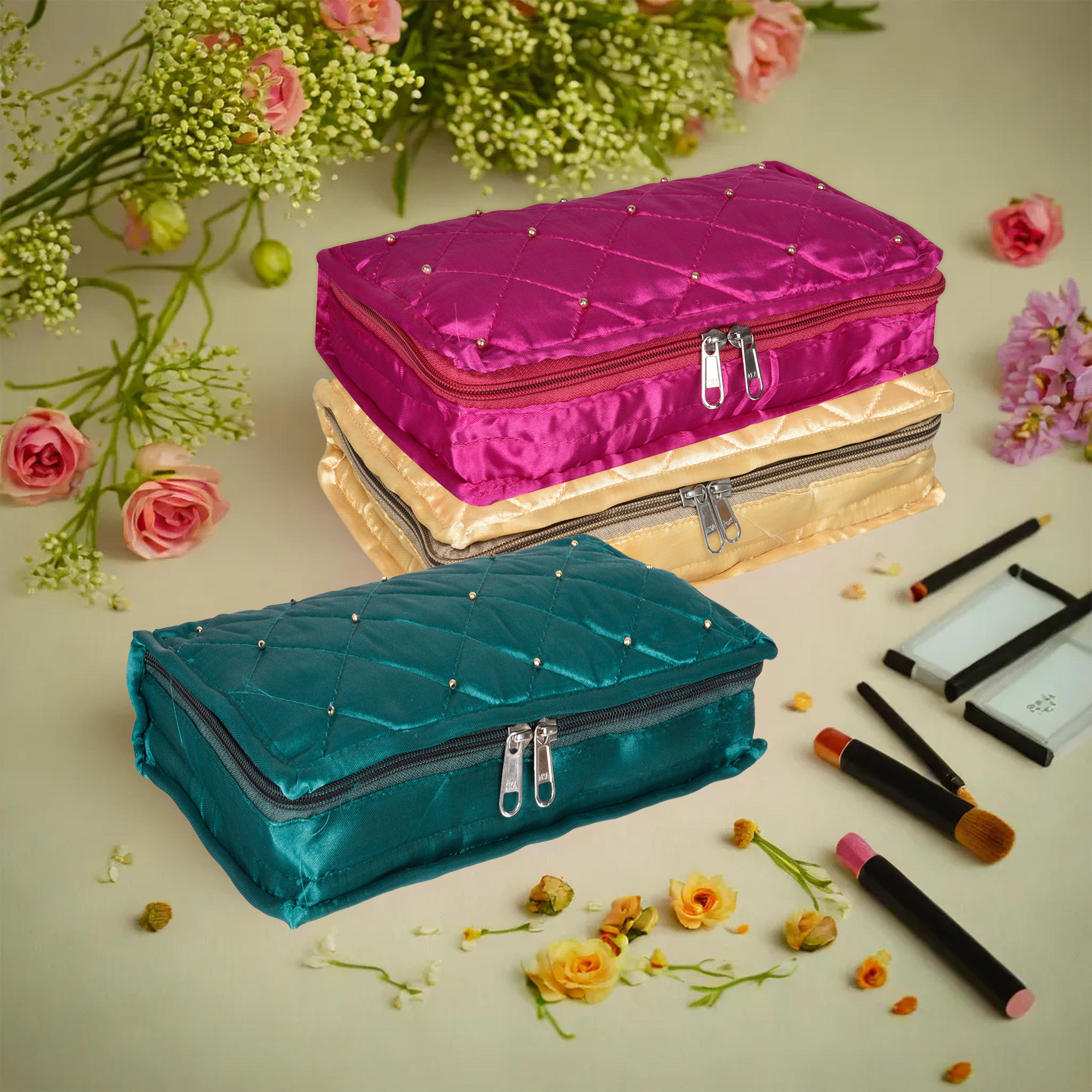 Kuber Industries Makeup Storage Bag | Vanity Organizer | Makeup Pouch | Pendant Organizer | Cosmetic Kit for Travel | 6 Pouch Organizer | Moti Jewellery Organizer | Large | Pack of 3 | Multi