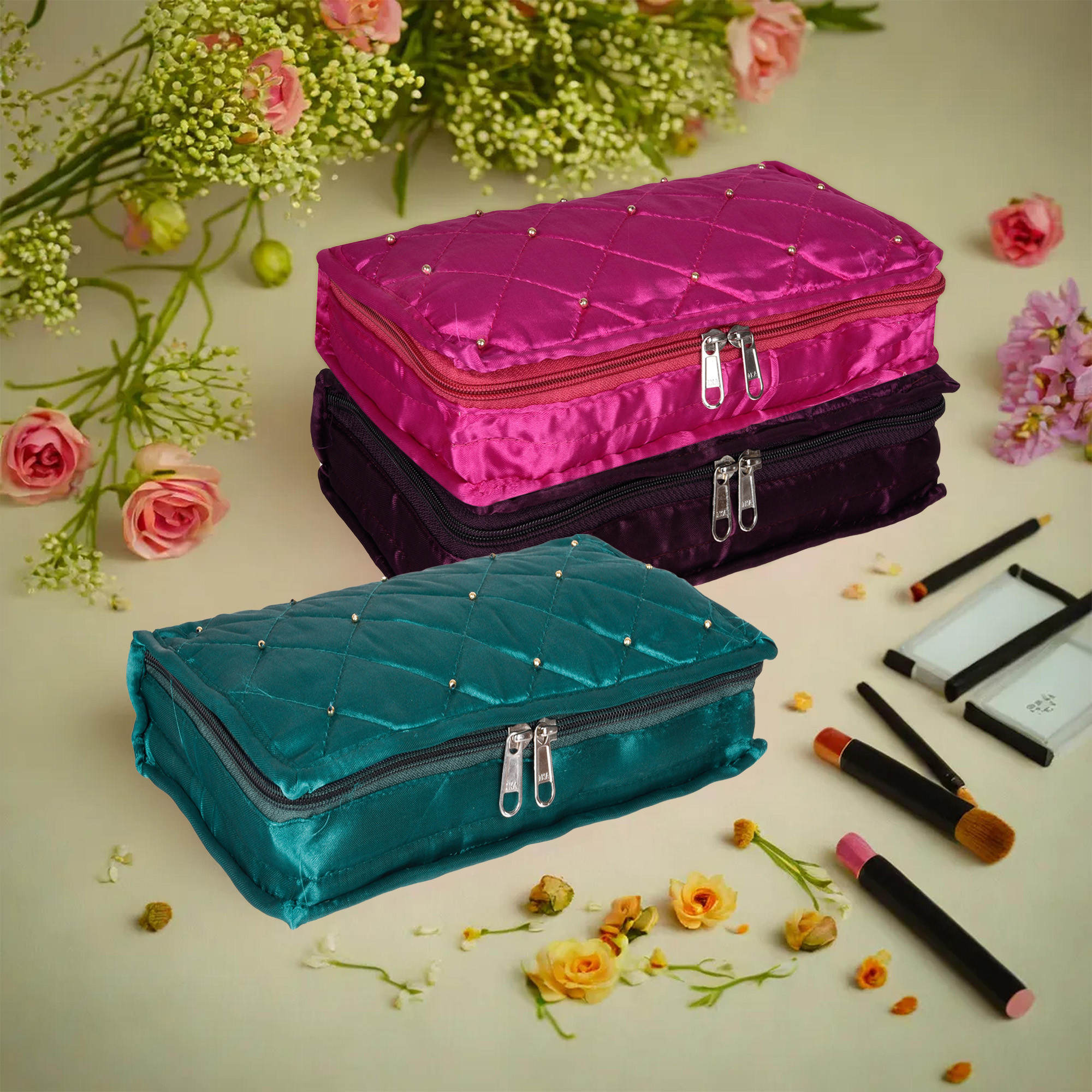 Kuber Industries Makeup Storage Bag | Vanity Organizer | Makeup Pouch | Pendant Organizer | Cosmetic Kit for Travel | 6 Pouch Organizer | Moti Jewellery Organizer | Large | Pack of 3 | Multi