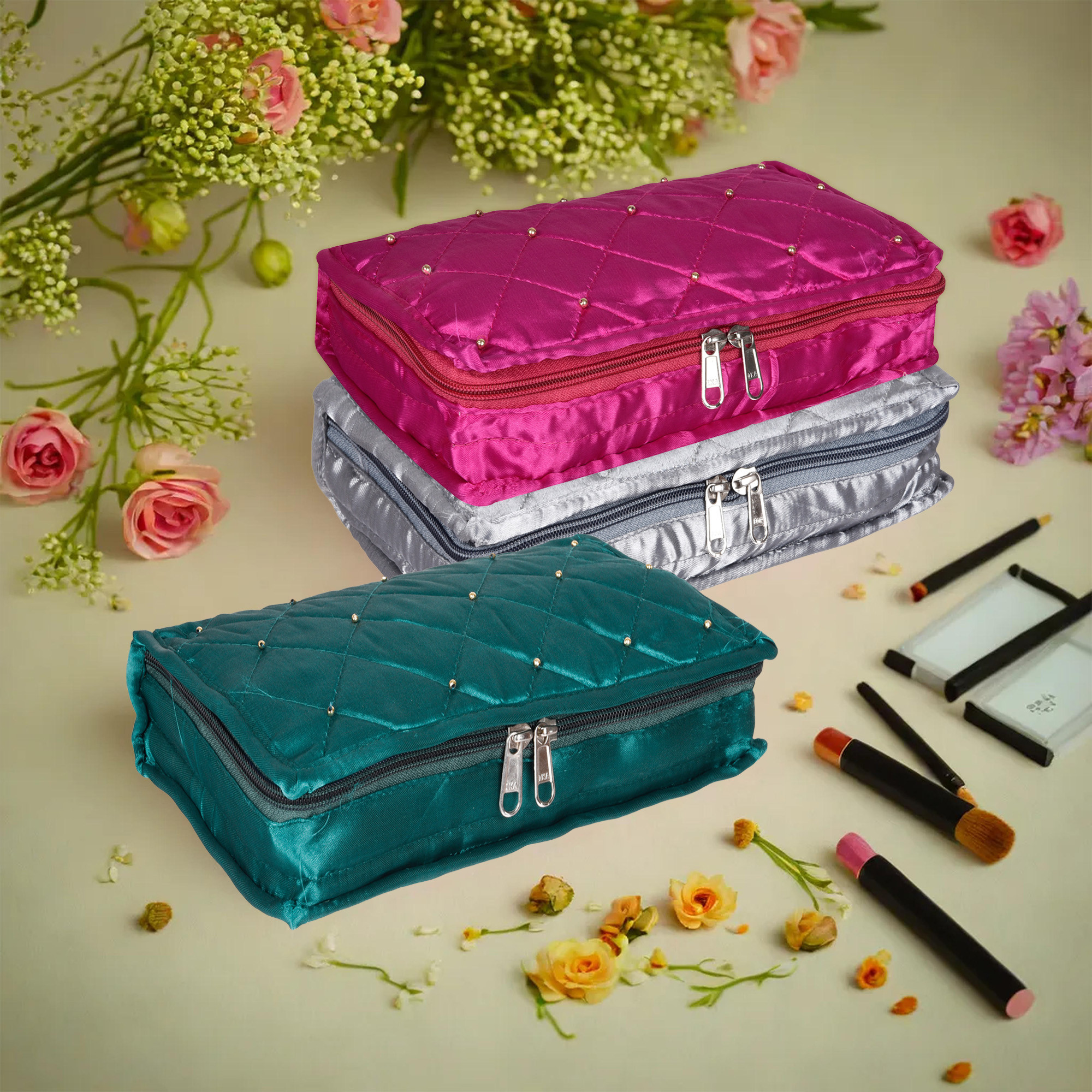 Kuber Industries Makeup Storage Bag | Vanity Organizer | Makeup Pouch | Pendant Organizer | Cosmetic Kit for Travel | 6 Pouch Organizer | Moti Jewellery Organizer | Large | Pack of 3 | Multi