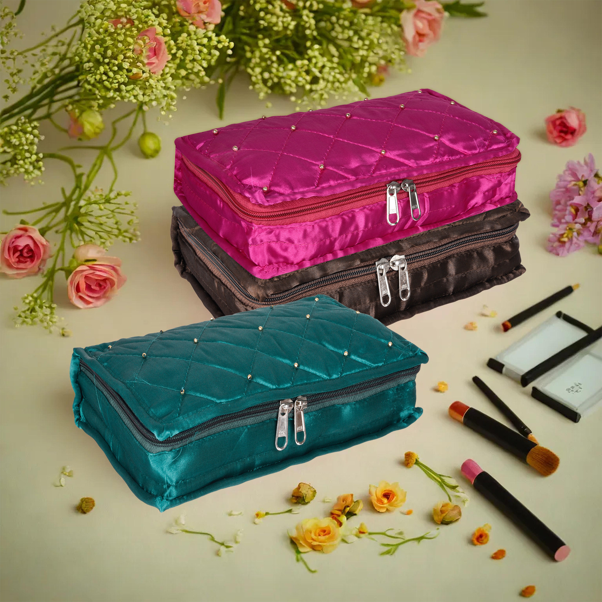 Kuber Industries Makeup Storage Bag | Vanity Organizer | Makeup Pouch | Pendant Organizer | Cosmetic Kit for Travel | 6 Pouch Organizer | Moti Jewellery Organizer | Large | Pack of 3 | Multi