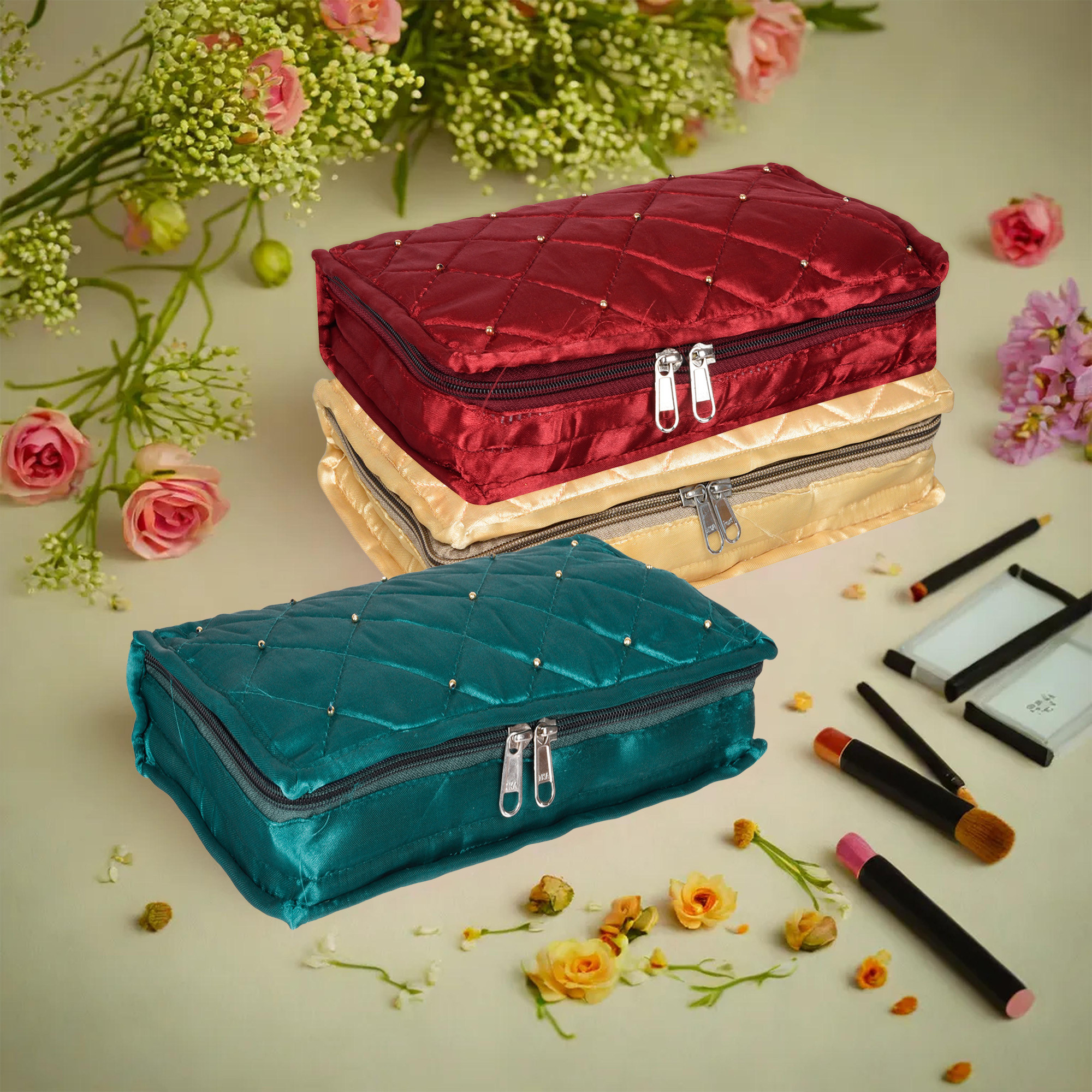 Kuber Industries Makeup Storage Bag | Vanity Organizer | Makeup Pouch | Pendant Organizer | Cosmetic Kit for Travel | 6 Pouch Organizer | Moti Jewellery Organizer | Large | Pack of 3 | Multi