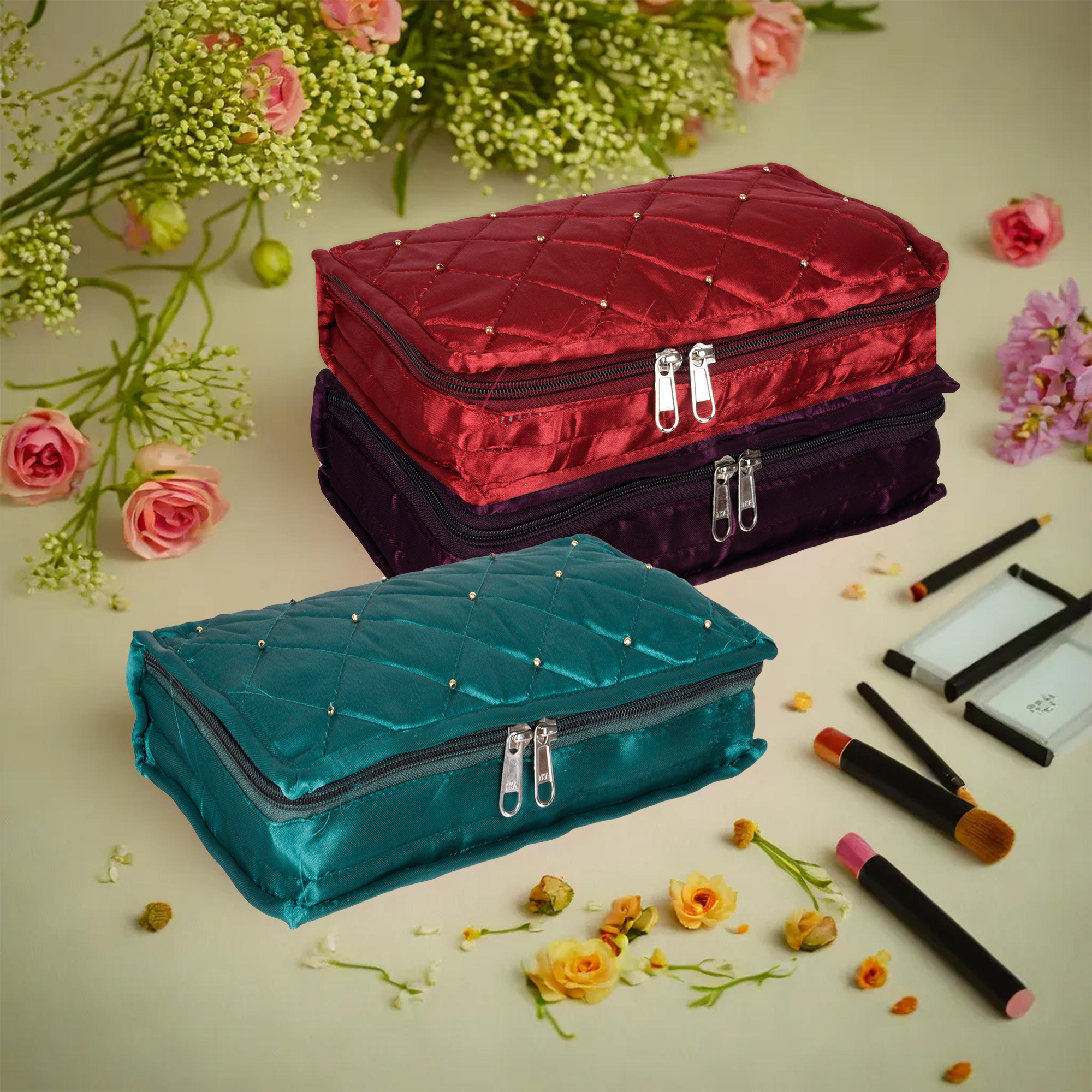 Kuber Industries Makeup Storage Bag | Vanity Organizer | Makeup Pouch | Pendant Organizer | Cosmetic Kit for Travel | 6 Pouch Organizer | Moti Jewellery Organizer | Large | Pack of 3 | Multi