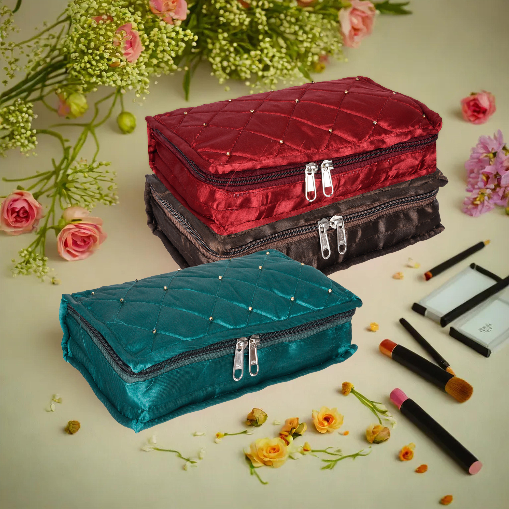 Kuber Industries Makeup Storage Bag | Vanity Organizer | Makeup Pouch | Pendant Organizer | Cosmetic Kit for Travel | 6 Pouch Organizer | Moti Jewellery Organizer | Large | Pack of 3 | Multi