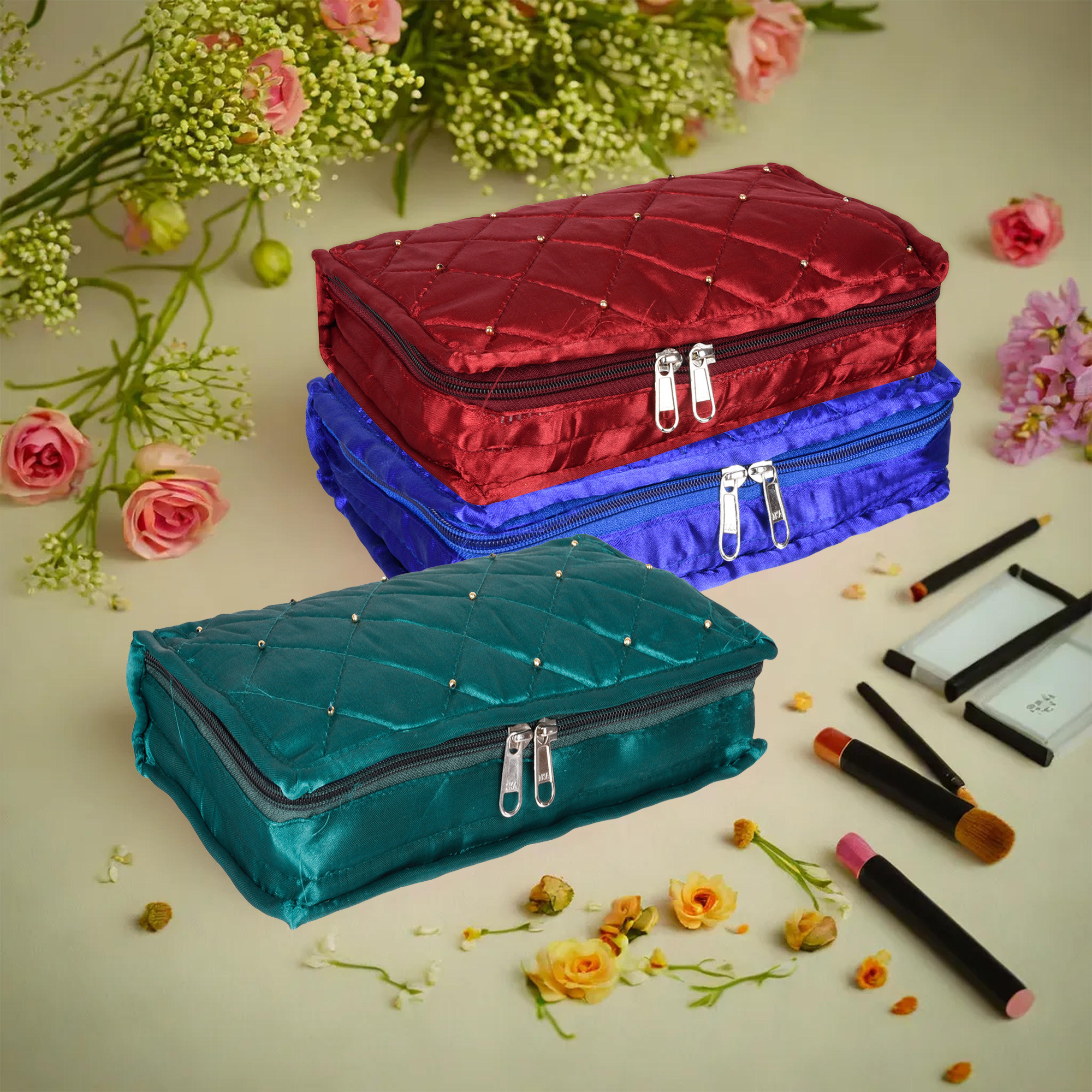 Kuber Industries Makeup Storage Bag | Vanity Organizer | Makeup Pouch | Pendant Organizer | Cosmetic Kit for Travel | 6 Pouch Organizer | Moti Jewellery Organizer | Large | Pack of 3 | Multi
