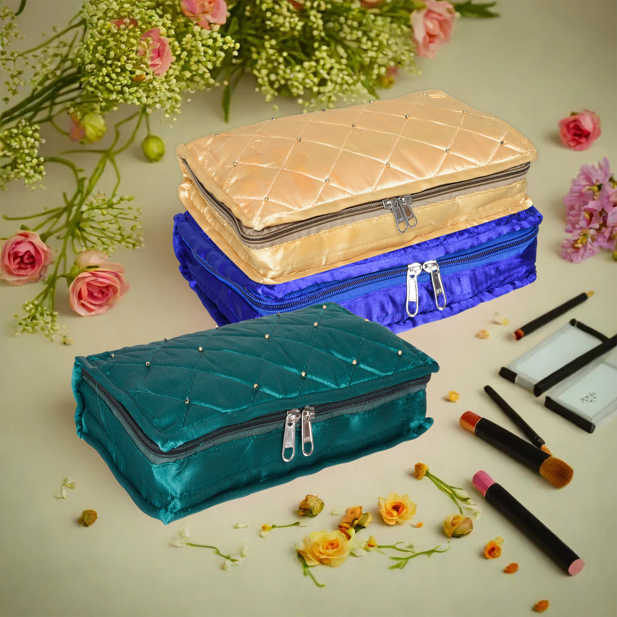 Kuber Industries Makeup Storage Bag | Vanity Organizer | Makeup Pouch | Pendant Organizer | Cosmetic Kit for Travel | 6 Pouch Organizer | Moti Jewellery Organizer | Large | Pack of 3 | Multi