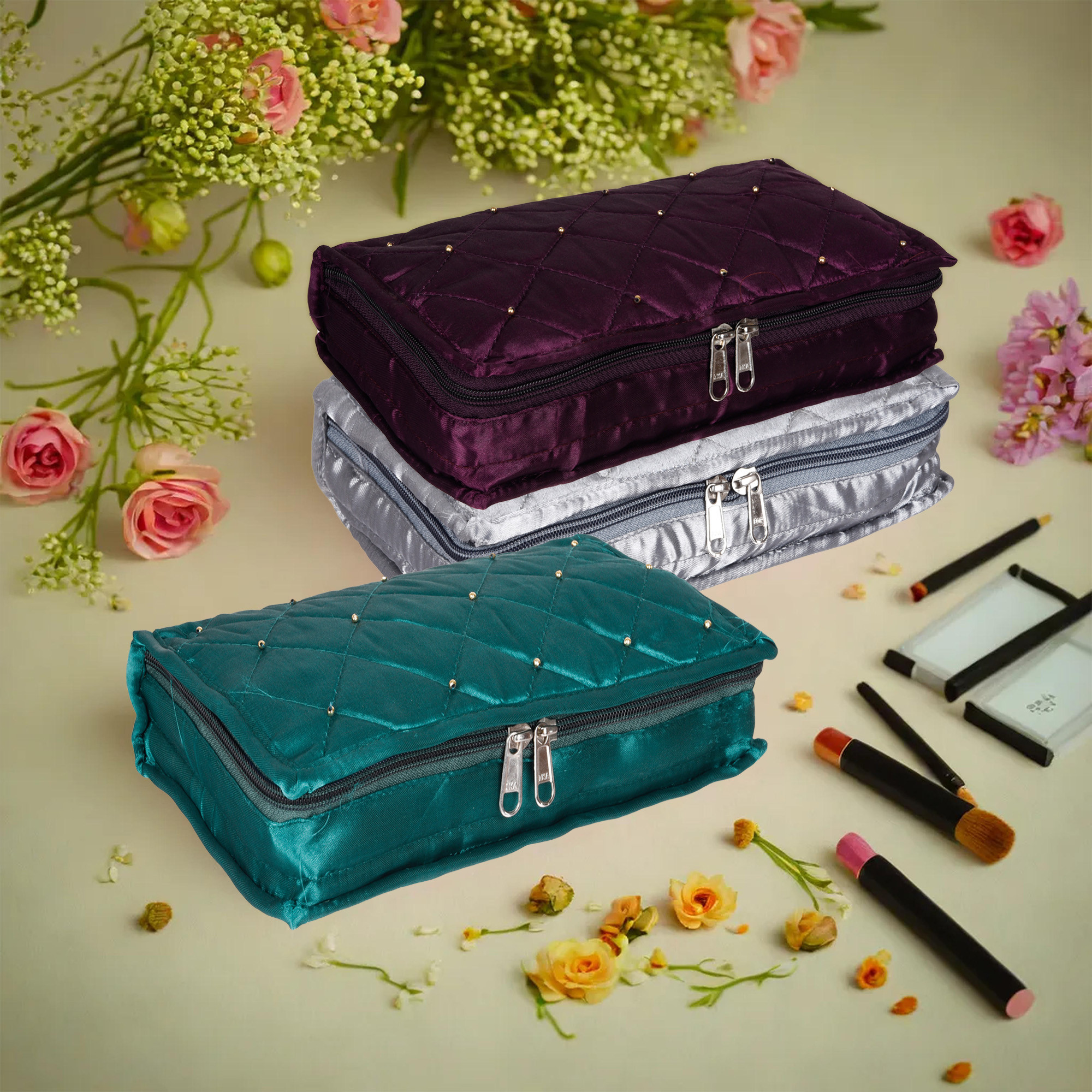 Kuber Industries Makeup Storage Bag | Vanity Organizer | Makeup Pouch | Pendant Organizer | Cosmetic Kit for Travel | 6 Pouch Organizer | Moti Jewellery Organizer | Large | Pack of 3 | Multi