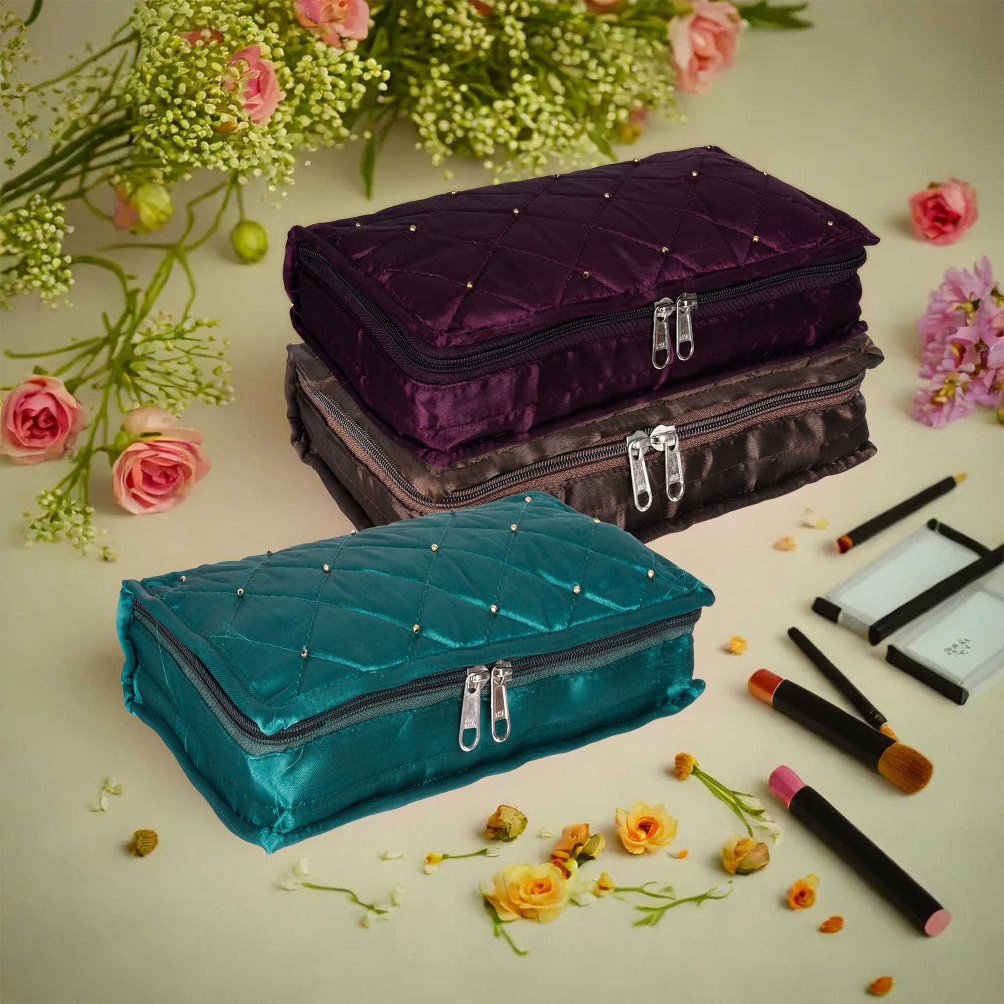 Kuber Industries Makeup Storage Bag | Vanity Organizer | Makeup Pouch | Pendant Organizer | Cosmetic Kit for Travel | 6 Pouch Organizer | Moti Jewellery Organizer | Large | Pack of 3 | Multi