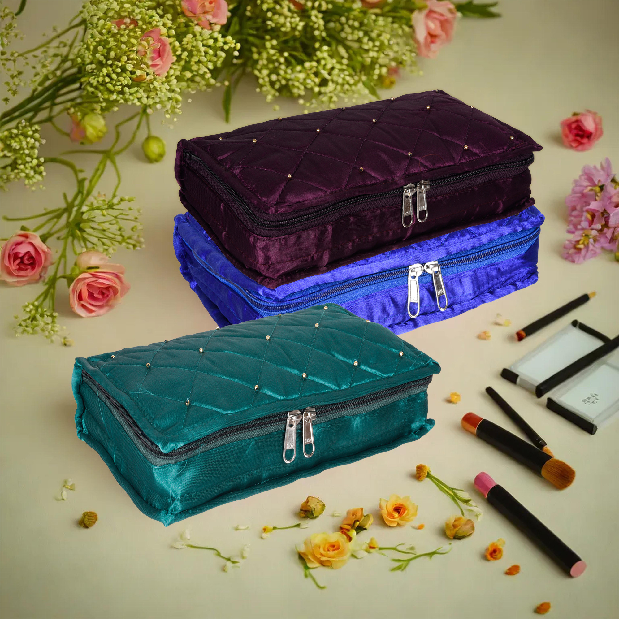 Kuber Industries Makeup Storage Bag | Vanity Organizer | Makeup Pouch | Pendant Organizer | Cosmetic Kit for Travel | 6 Pouch Organizer | Moti Jewellery Organizer | Large | Pack of 3 | Multi