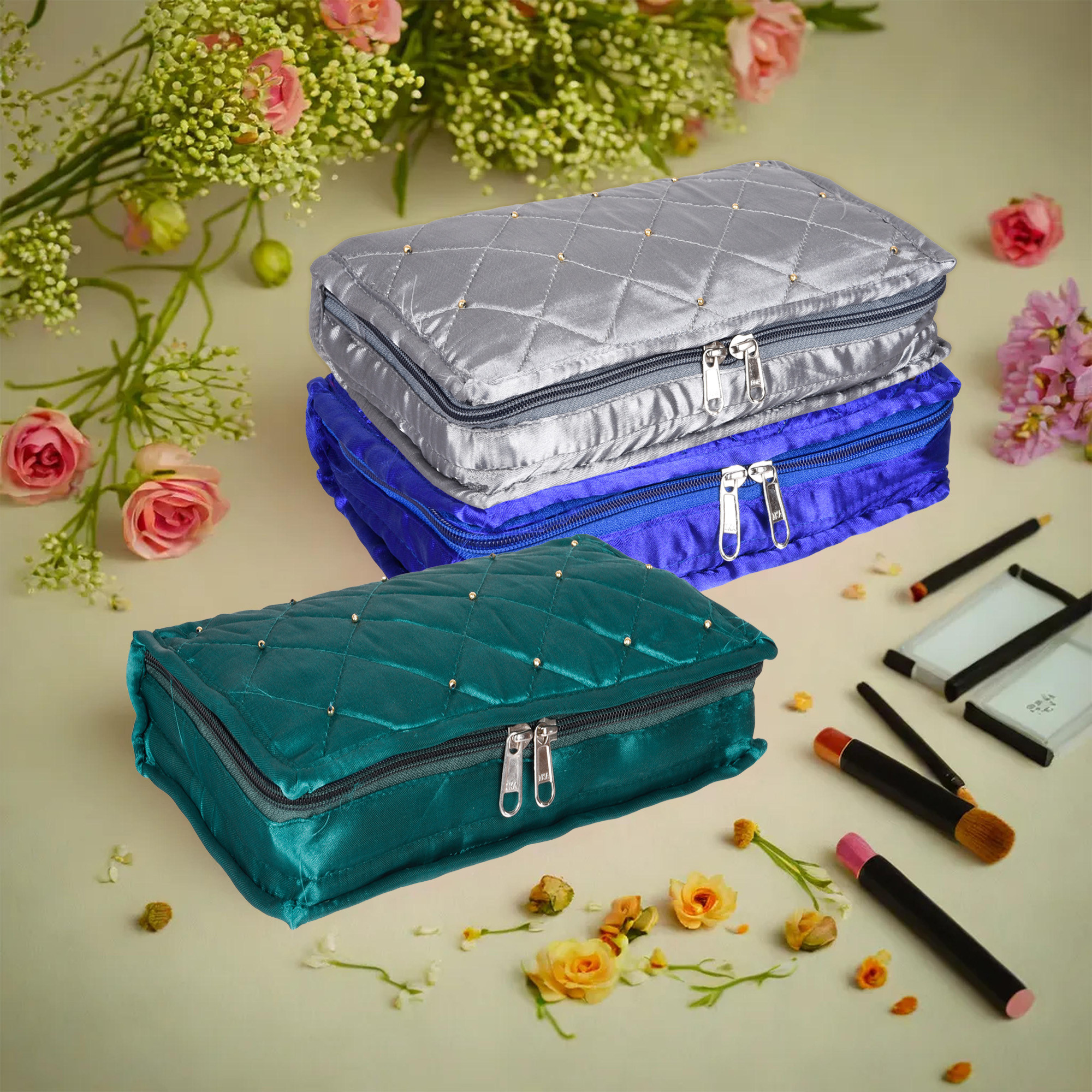 Kuber Industries Makeup Storage Bag | Vanity Organizer | Makeup Pouch | Pendant Organizer | Cosmetic Kit for Travel | 6 Pouch Organizer | Moti Jewellery Organizer | Large | Pack of 3 | Multi