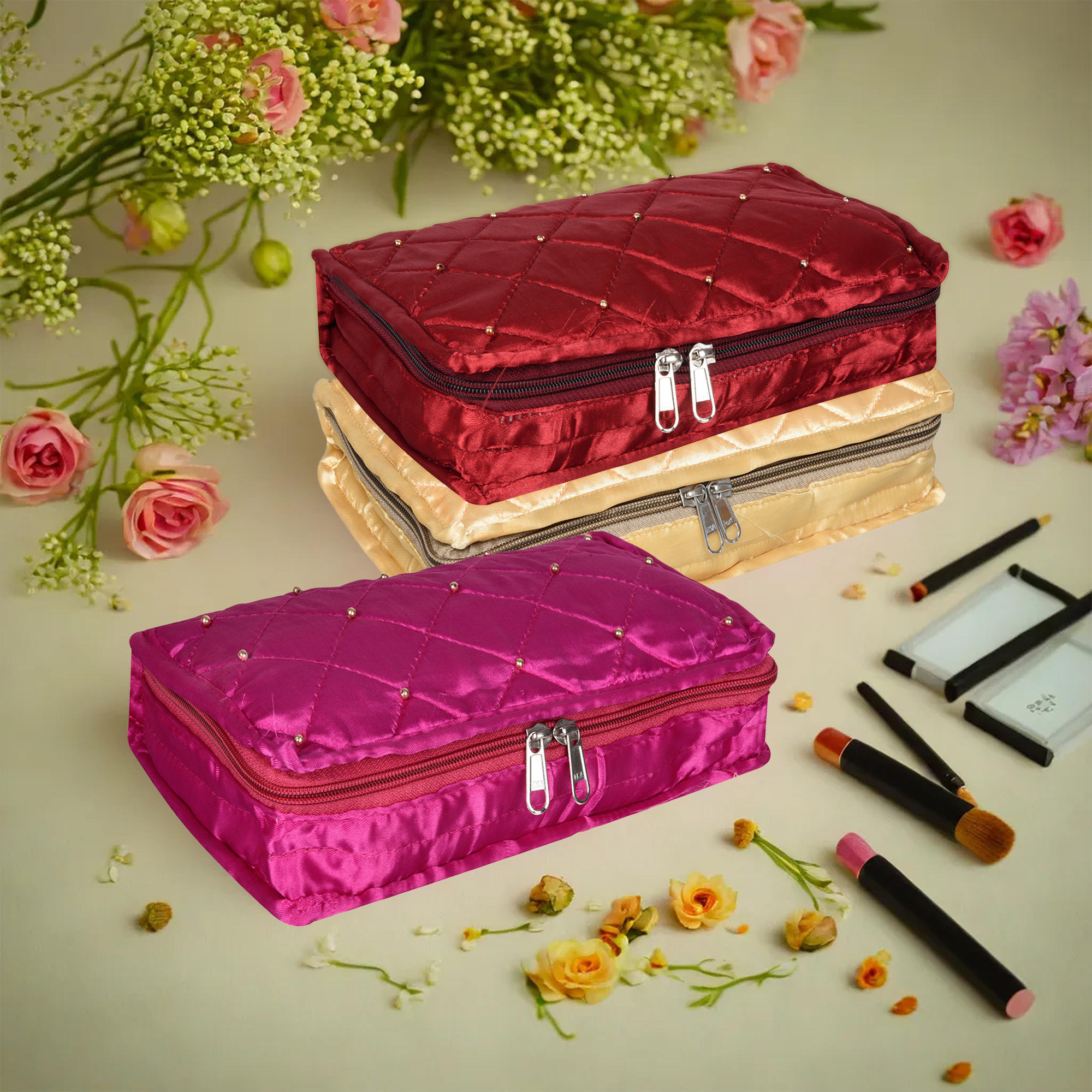 Kuber Industries Makeup Storage Bag | Vanity Organizer | Makeup Pouch | Pendant Organizer | Cosmetic Kit for Travel | 6 Pouch Organizer | Moti Jewellery Organizer | Large | Pack of 3 | Multi