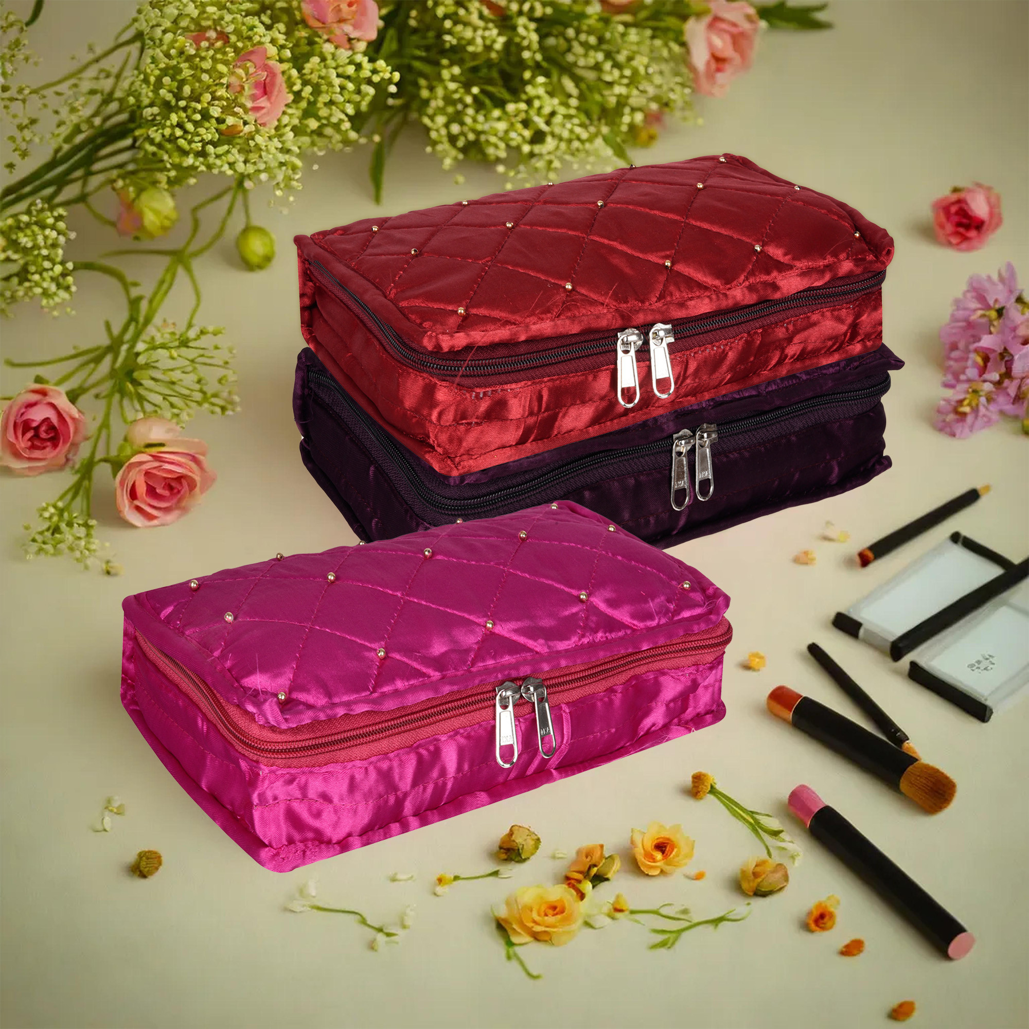 Kuber Industries Makeup Storage Bag | Vanity Organizer | Makeup Pouch | Pendant Organizer | Cosmetic Kit for Travel | 6 Pouch Organizer | Moti Jewellery Organizer | Large | Pack of 3 | Multi