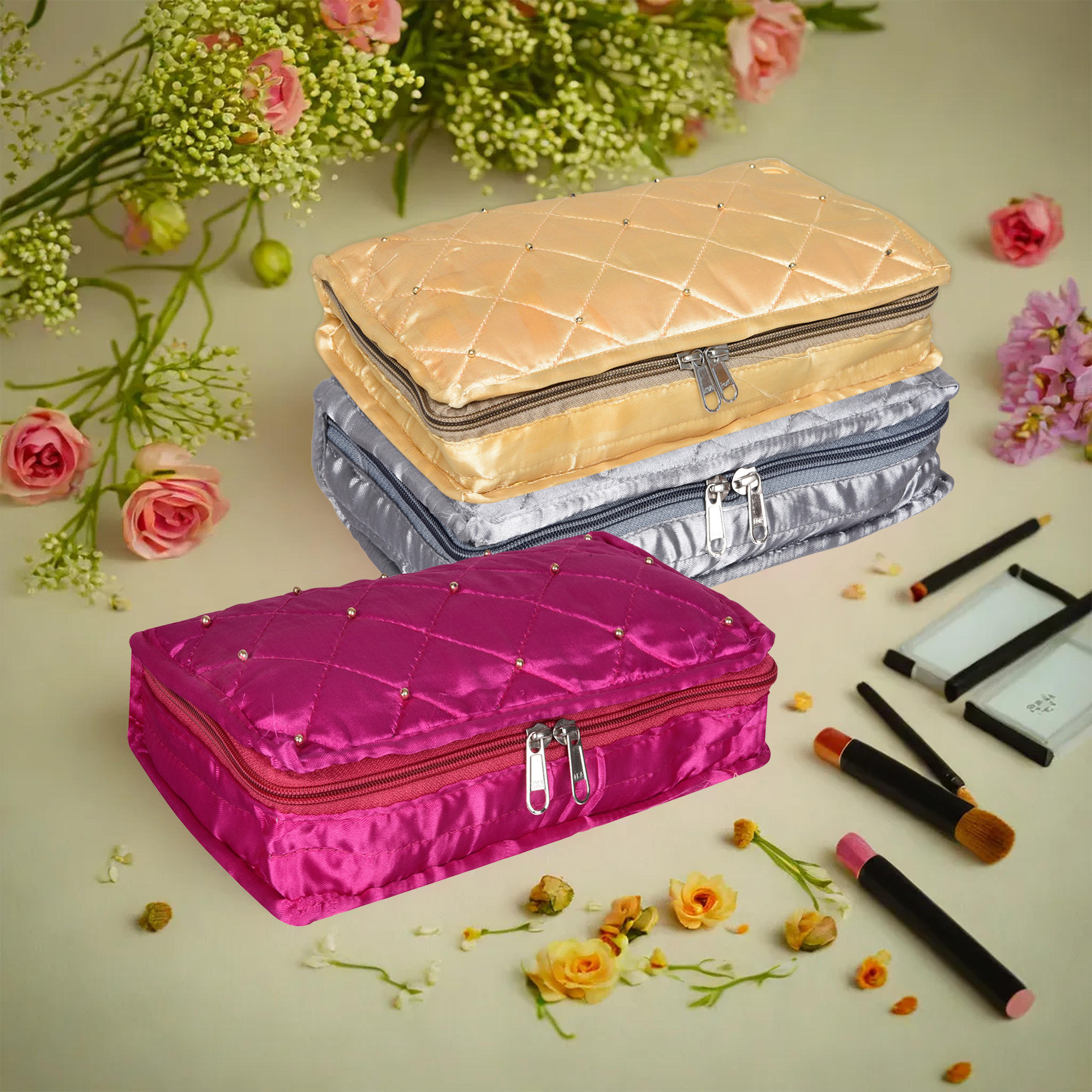 Kuber Industries Makeup Storage Bag | Vanity Organizer | Makeup Pouch | Pendant Organizer | Cosmetic Kit for Travel | 6 Pouch Organizer | Moti Jewellery Organizer | Large | Pack of 3 | Multi