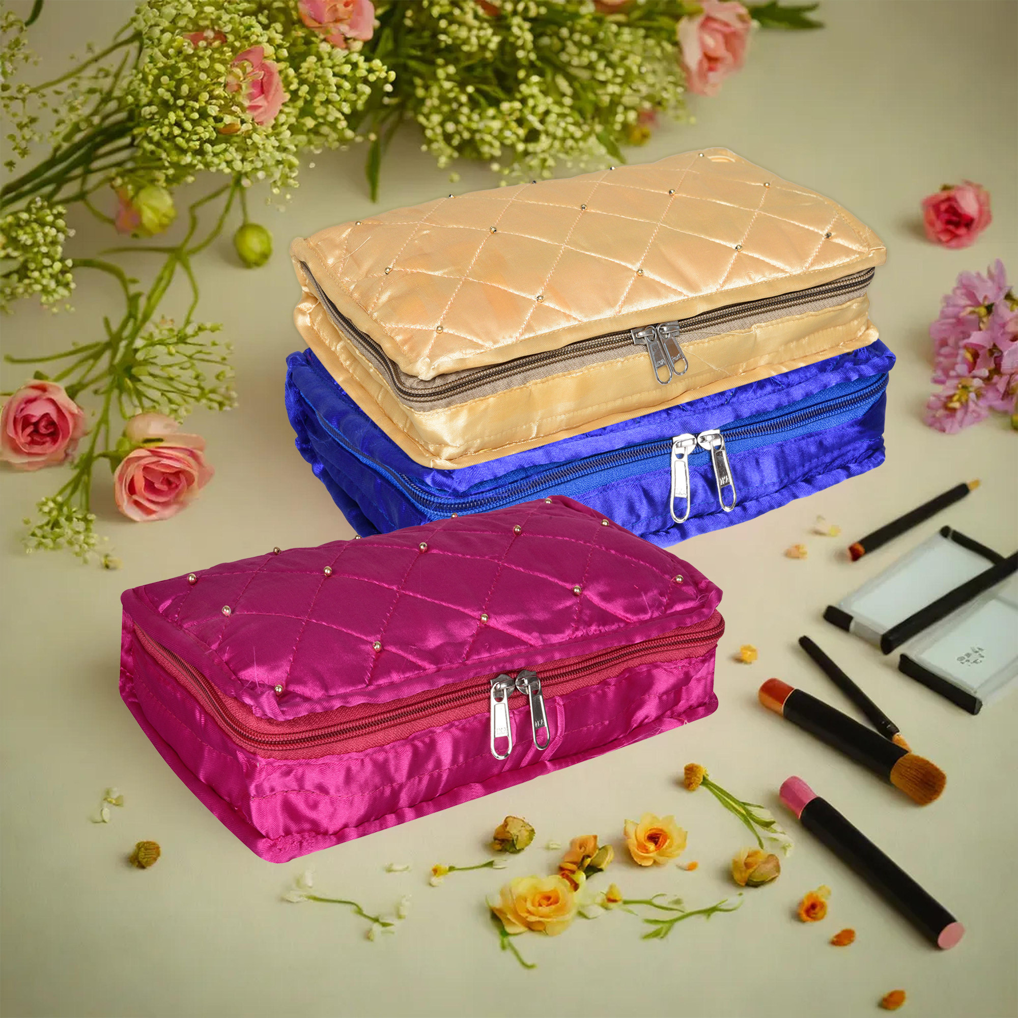 Kuber Industries Makeup Storage Bag | Vanity Organizer | Makeup Pouch | Pendant Organizer | Cosmetic Kit for Travel | 6 Pouch Organizer | Moti Jewellery Organizer | Large | Pack of 3 | Multi