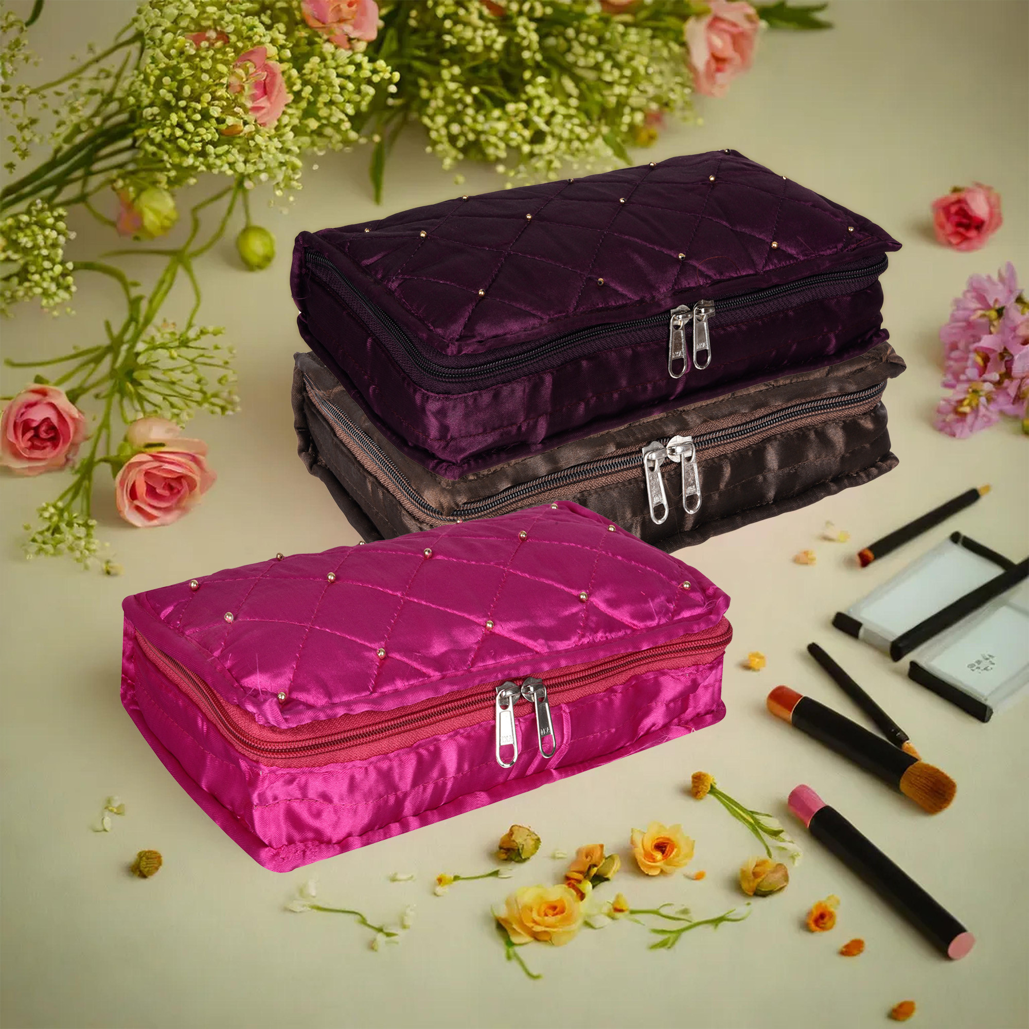 Kuber Industries Makeup Storage Bag | Vanity Organizer | Makeup Pouch | Pendant Organizer | Cosmetic Kit for Travel | 6 Pouch Organizer | Moti Jewellery Organizer | Large | Pack of 3 | Multi