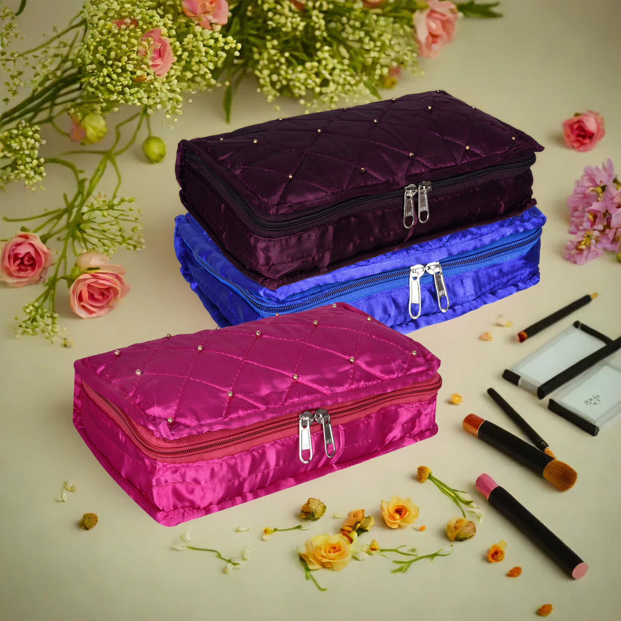 Kuber Industries Makeup Storage Bag | Vanity Organizer | Makeup Pouch | Pendant Organizer | Cosmetic Kit for Travel | 6 Pouch Organizer | Moti Jewellery Organizer | Large | Pack of 3 | Multi