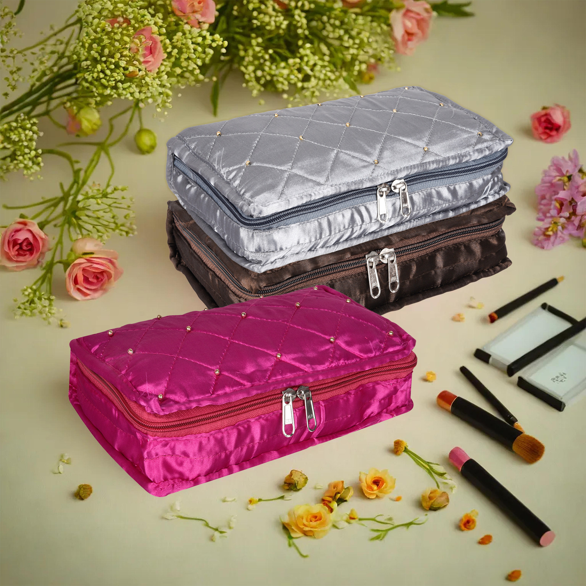 Kuber Industries Makeup Storage Bag | Vanity Organizer | Makeup Pouch | Pendant Organizer | Cosmetic Kit for Travel | 6 Pouch Organizer | Moti Jewellery Organizer | Large | Pack of 3 | Multi