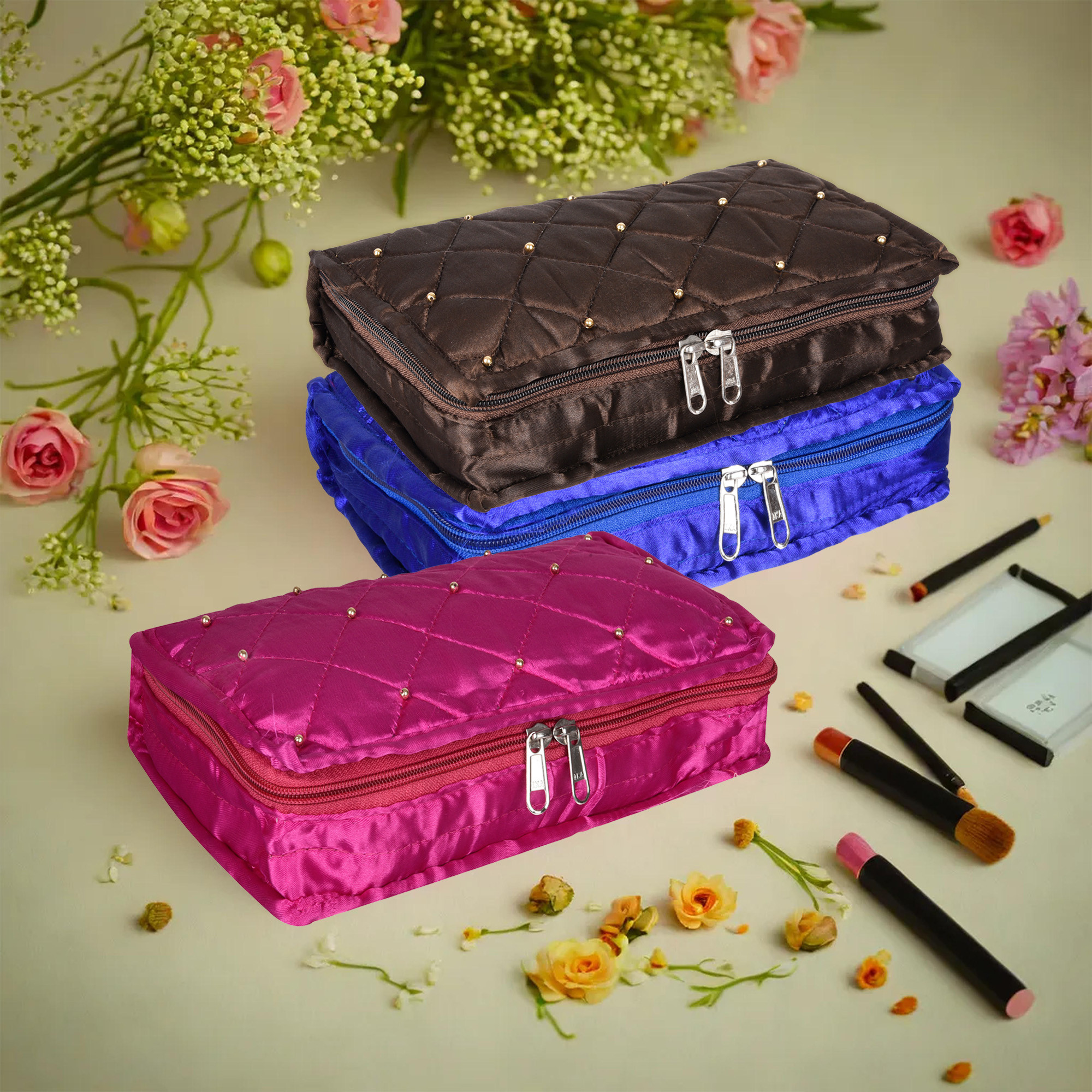 Kuber Industries Makeup Storage Bag | Vanity Organizer | Makeup Pouch | Pendant Organizer | Cosmetic Kit for Travel | 6 Pouch Organizer | Moti Jewellery Organizer | Large | Pack of 3 | Multi