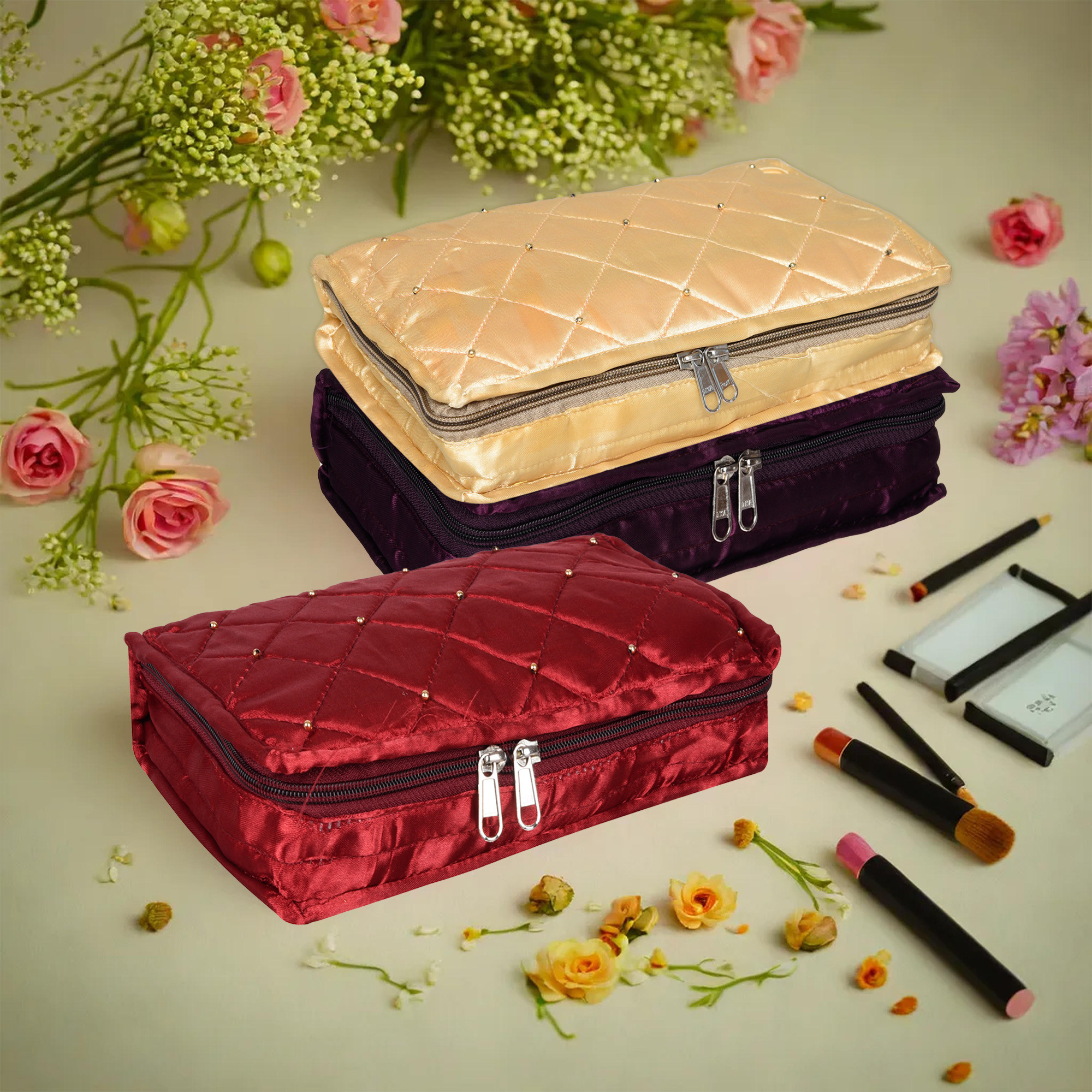 Kuber Industries Makeup Storage Bag | Vanity Organizer | Makeup Pouch | Pendant Organizer | Cosmetic Kit for Travel | 6 Pouch Organizer | Moti Jewellery Organizer | Large | Pack of 3 | Multi