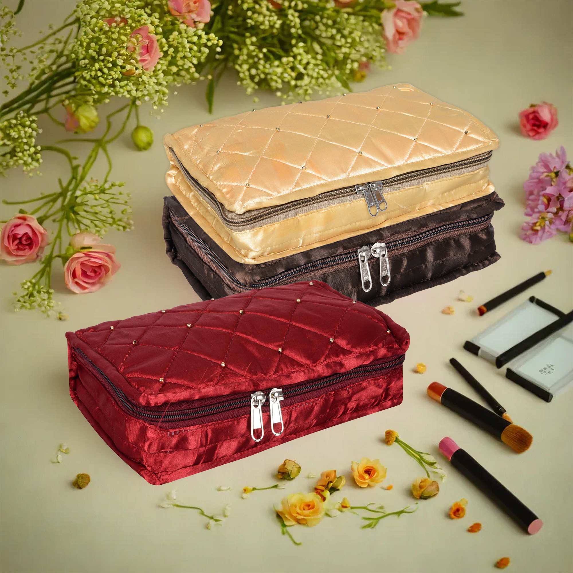 Kuber Industries Makeup Storage Bag | Vanity Organizer | Makeup Pouch | Pendant Organizer | Cosmetic Kit for Travel | 6 Pouch Organizer | Moti Jewellery Organizer | Large | Pack of 3 | Multi