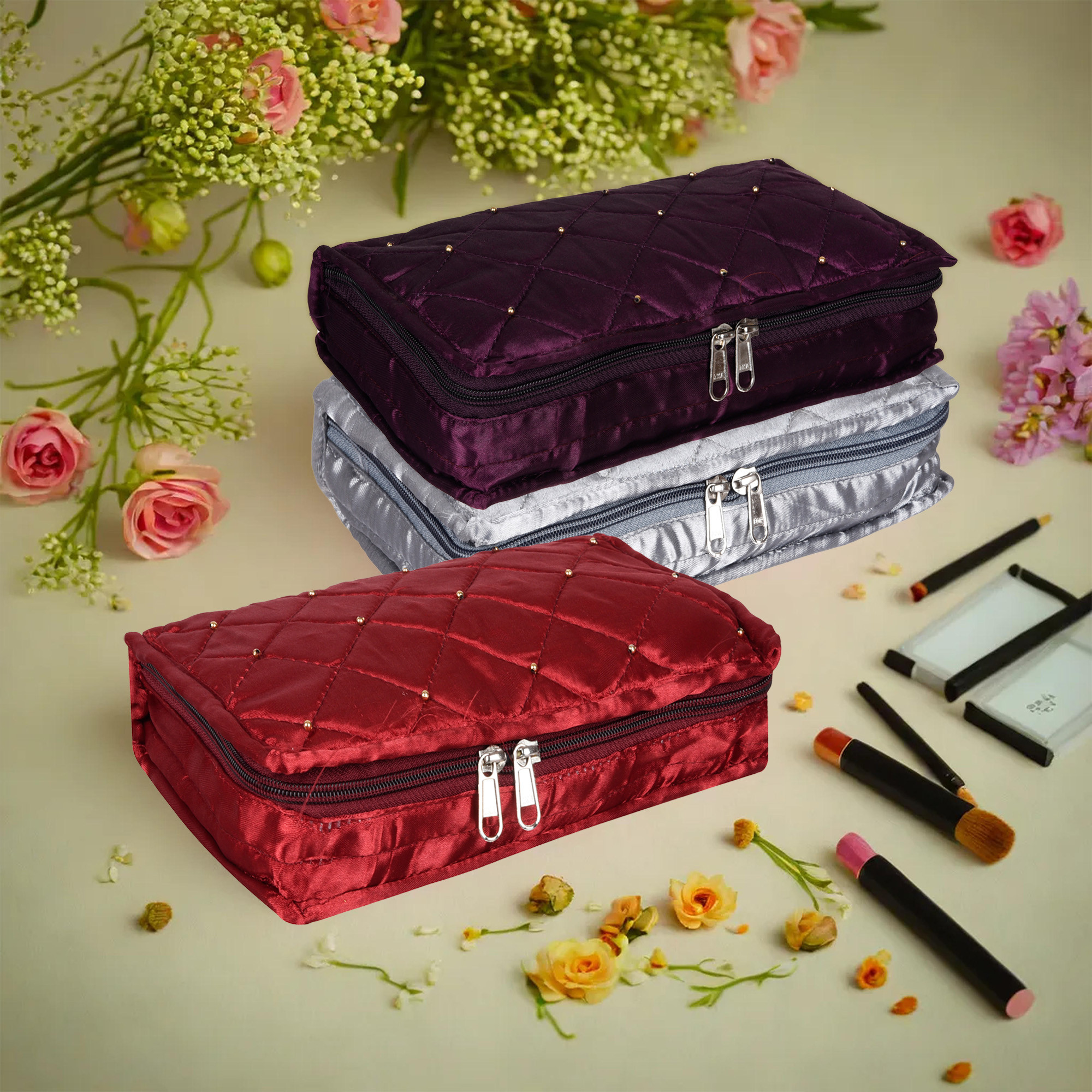 Kuber Industries Makeup Storage Bag | Vanity Organizer | Makeup Pouch | Pendant Organizer | Cosmetic Kit for Travel | 6 Pouch Organizer | Moti Jewellery Organizer | Large | Pack of 3 | Multi
