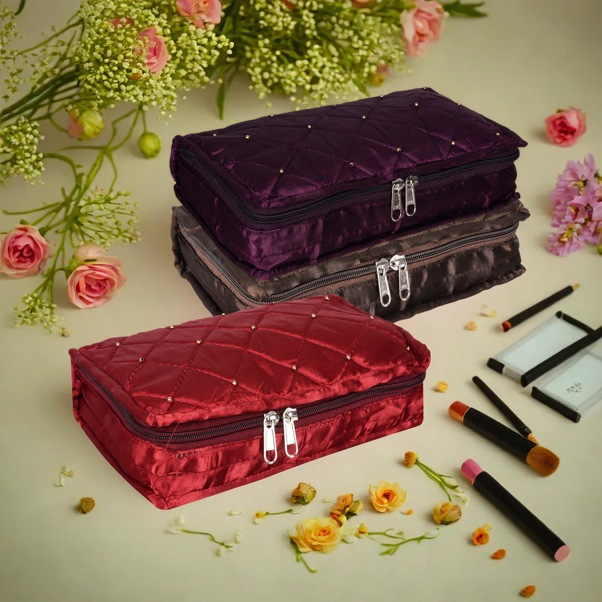 Kuber Industries Makeup Storage Bag | Vanity Organizer | Makeup Pouch | Pendant Organizer | Cosmetic Kit for Travel | 6 Pouch Organizer | Moti Jewellery Organizer | Large | Pack of 3 | Multi