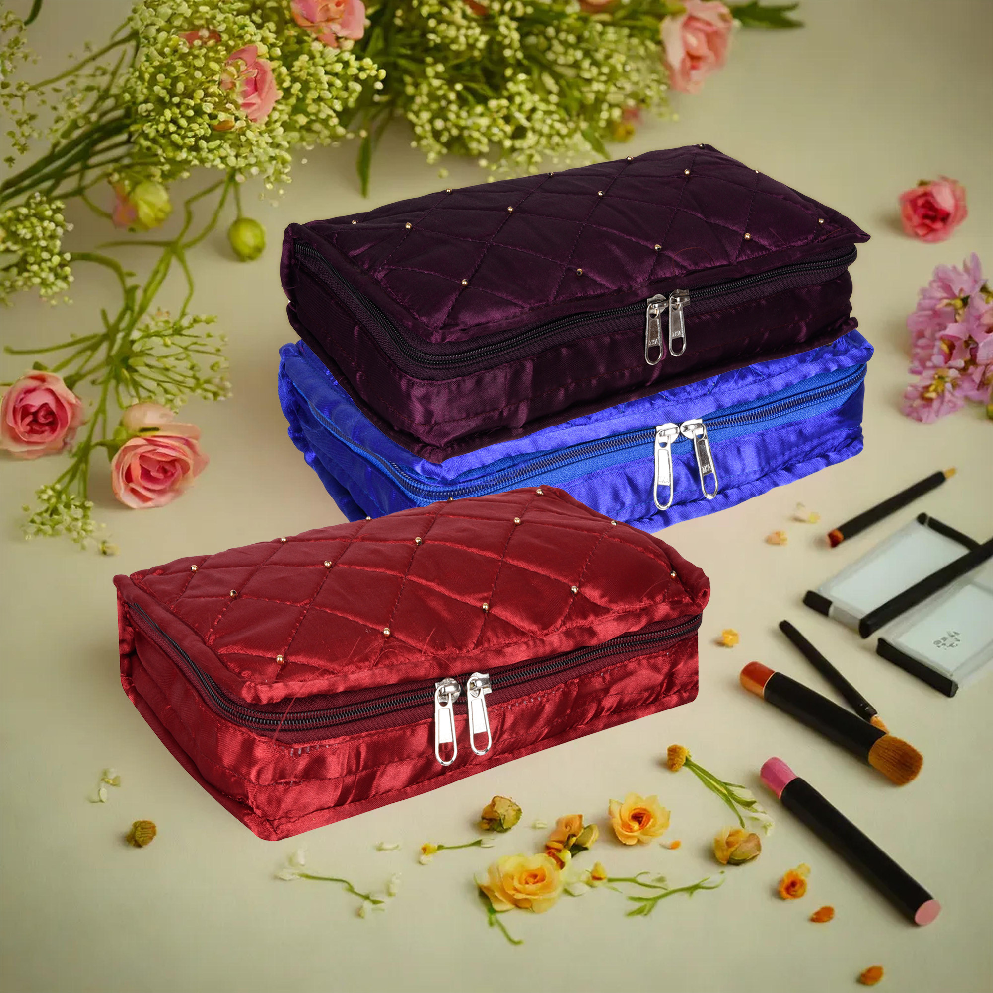 Kuber Industries Makeup Storage Bag | Vanity Organizer | Makeup Pouch | Pendant Organizer | Cosmetic Kit for Travel | 6 Pouch Organizer | Moti Jewellery Organizer | Large | Pack of 3 | Multi