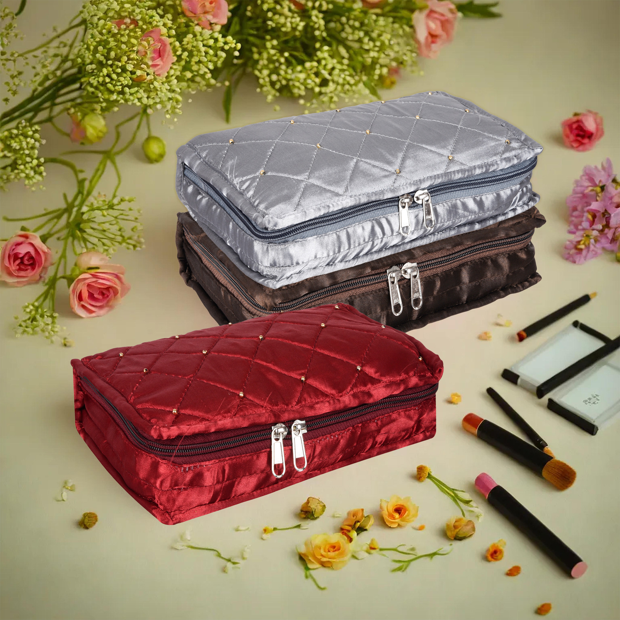 Kuber Industries Makeup Storage Bag | Vanity Organizer | Makeup Pouch | Pendant Organizer | Cosmetic Kit for Travel | 6 Pouch Organizer | Moti Jewellery Organizer | Large | Pack of 3 | Multi