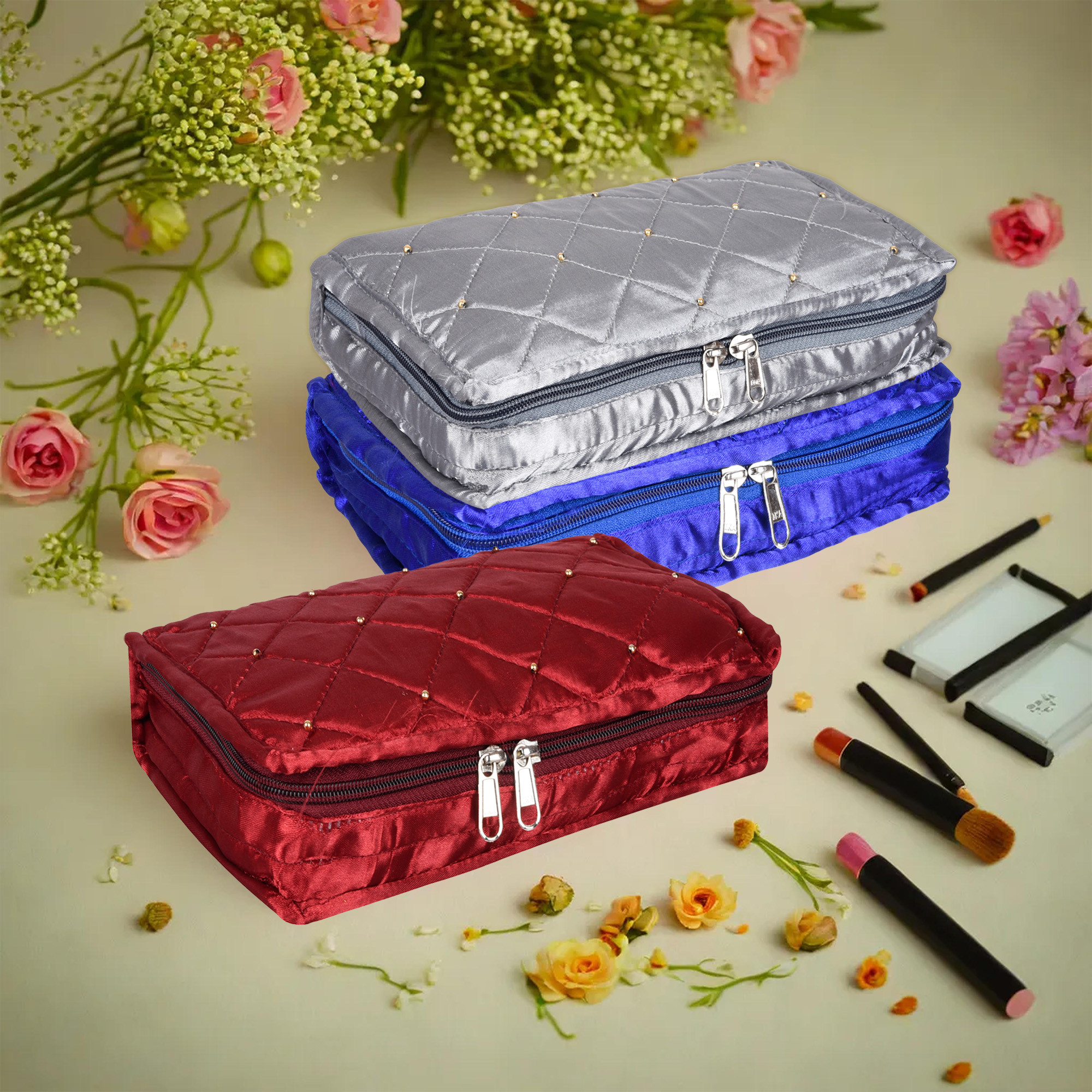 Kuber Industries Makeup Storage Bag | Vanity Organizer | Makeup Pouch | Pendant Organizer | Cosmetic Kit for Travel | 6 Pouch Organizer | Moti Jewellery Organizer | Large | Pack of 3 | Multi