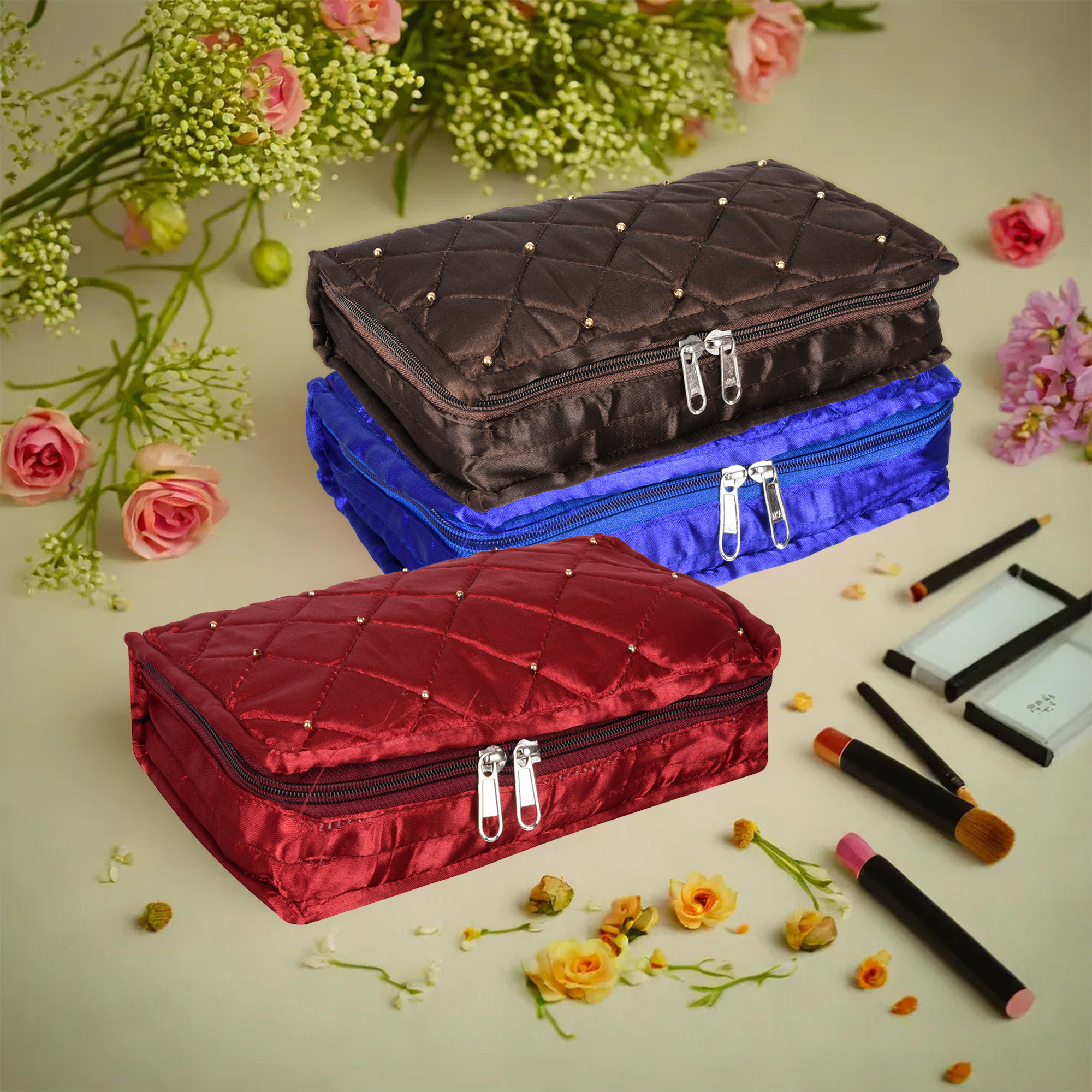Kuber Industries Makeup Storage Bag | Vanity Organizer | Makeup Pouch | Pendant Organizer | Cosmetic Kit for Travel | 6 Pouch Organizer | Moti Jewellery Organizer | Large | Pack of 3 | Multi