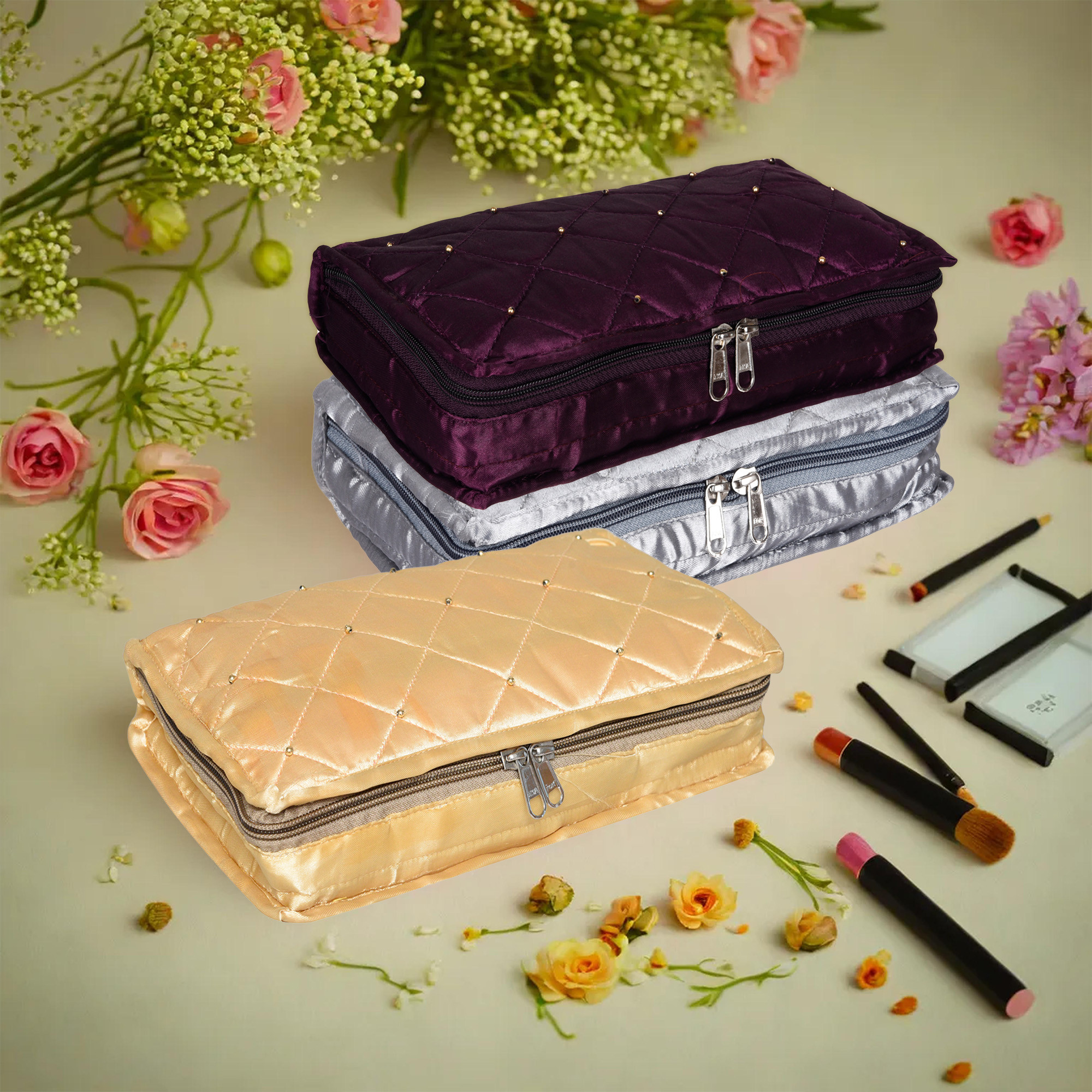 Kuber Industries Makeup Storage Bag | Vanity Organizer | Makeup Pouch | Pendant Organizer | Cosmetic Kit for Travel | 6 Pouch Organizer | Moti Jewellery Organizer | Large | Pack of 3 | Multi
