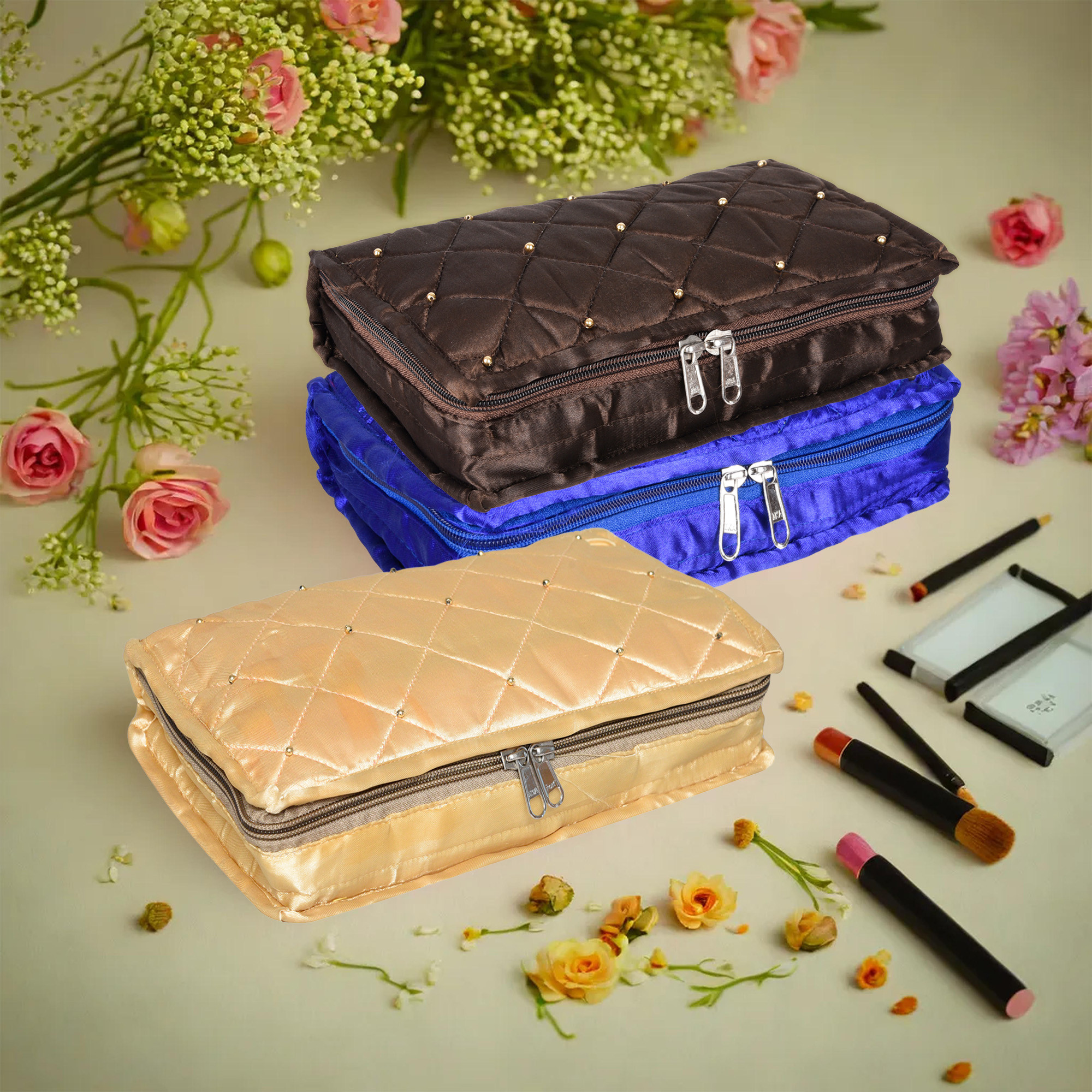Kuber Industries Makeup Storage Bag | Vanity Organizer | Makeup Pouch | Pendant Organizer | Cosmetic Kit for Travel | 6 Pouch Organizer | Moti Jewellery Organizer | Large | Pack of 3 | Multi